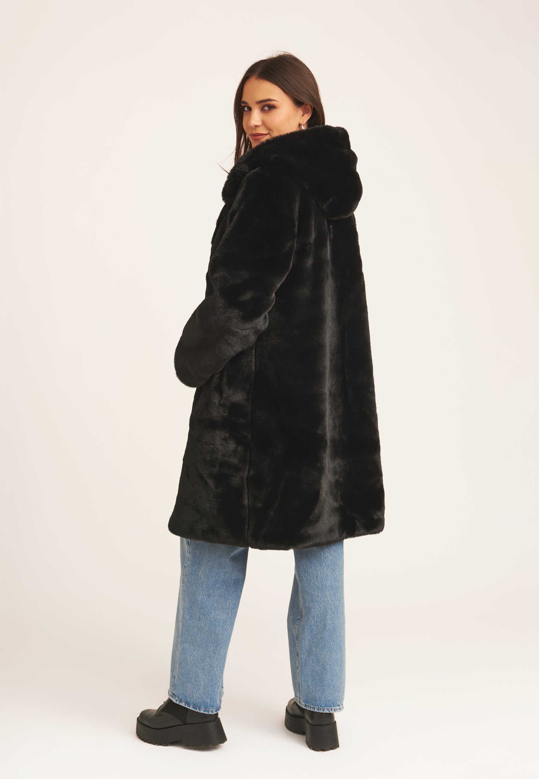 Black Faux Fur Hooded Longline Coat