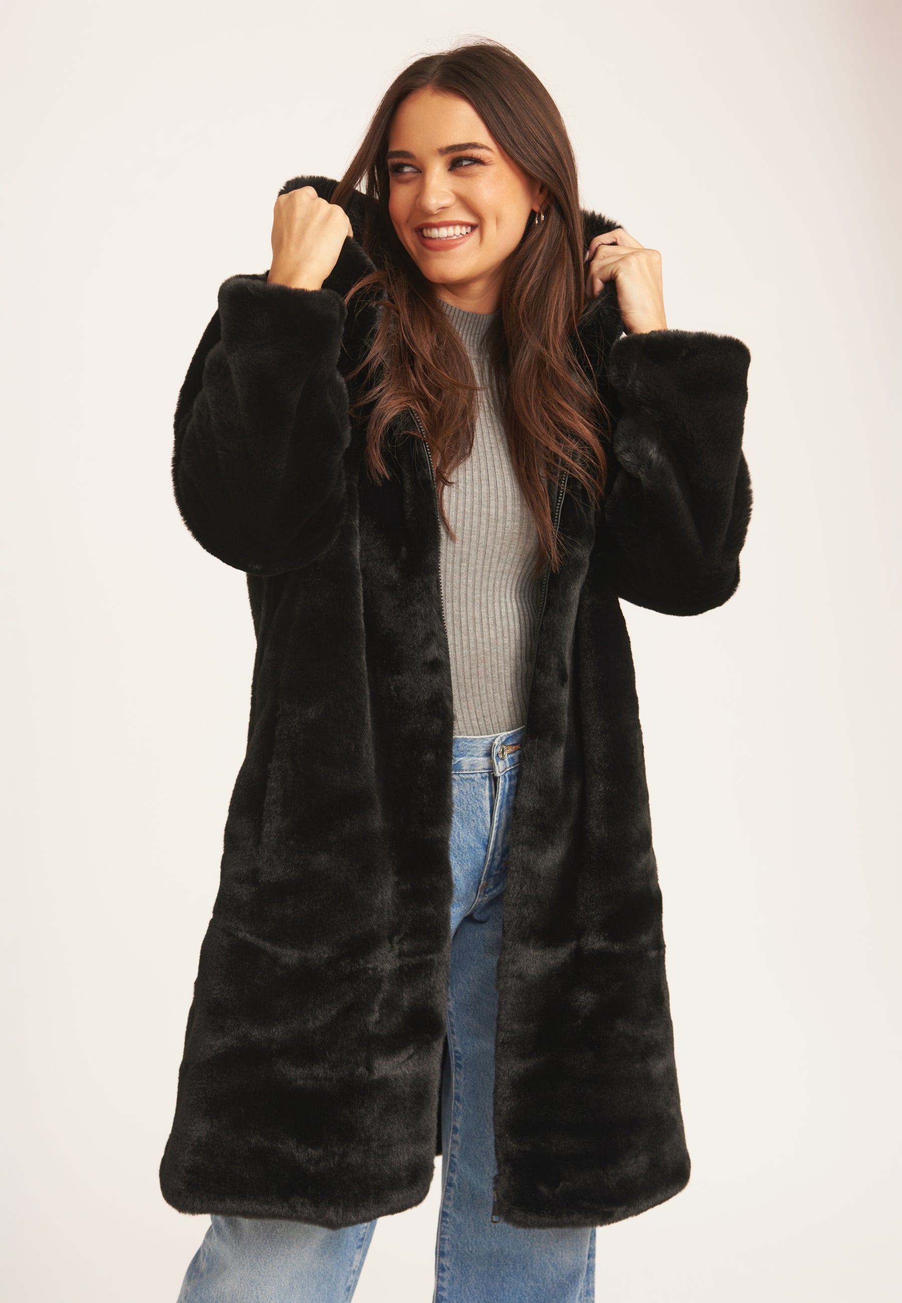 Black Faux Fur Hooded Longline Coat