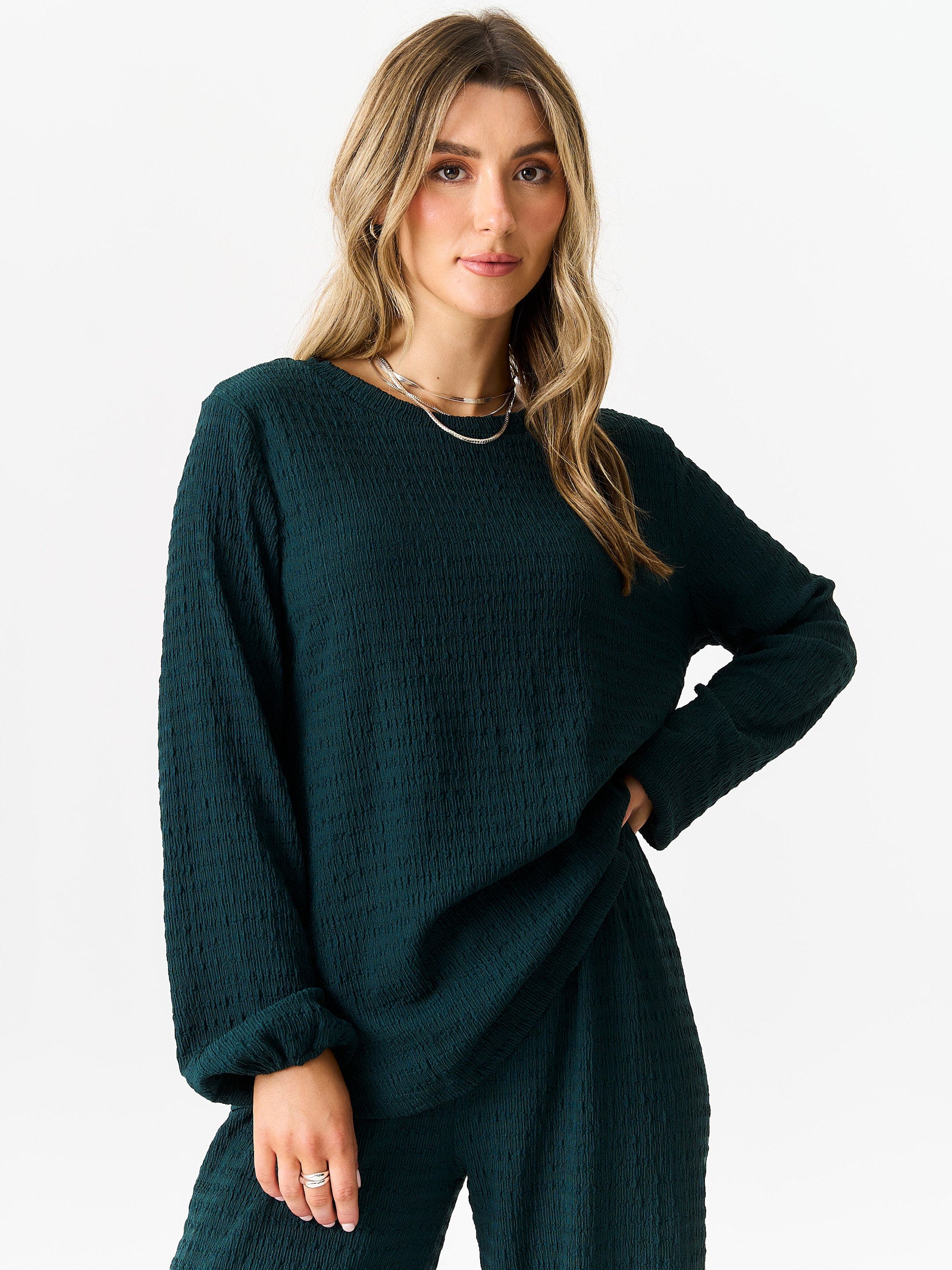 Bottle Green Textured Long Sleeves Oversized Top