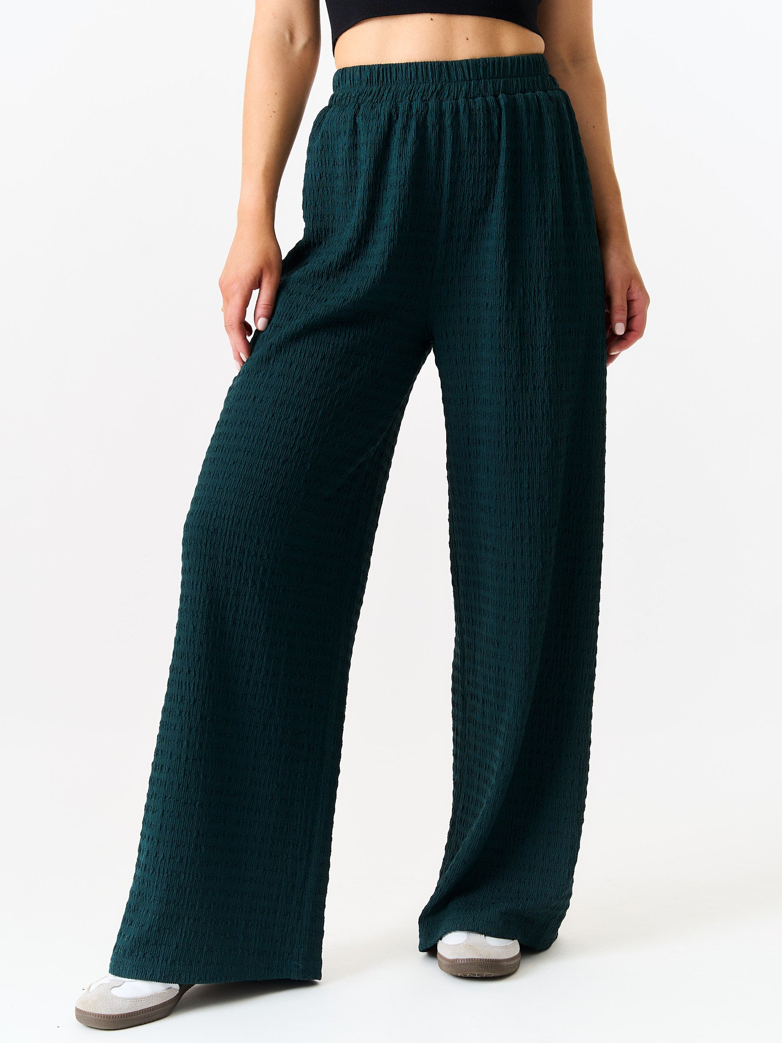 Bottle Green Textured Elastic Waist Pull On Trousers