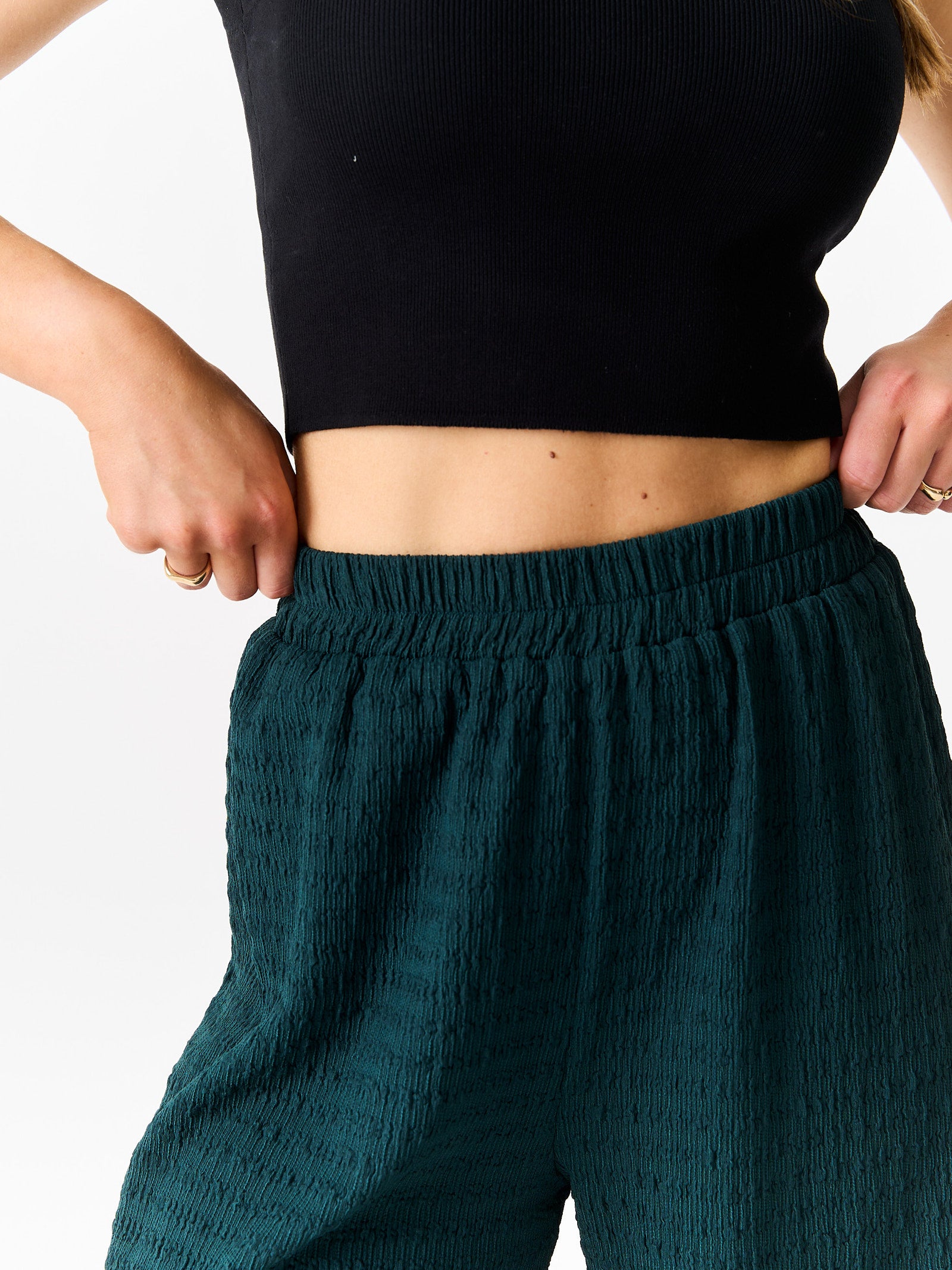 Bottle Green Textured Elastic Waist Pull On Trousers