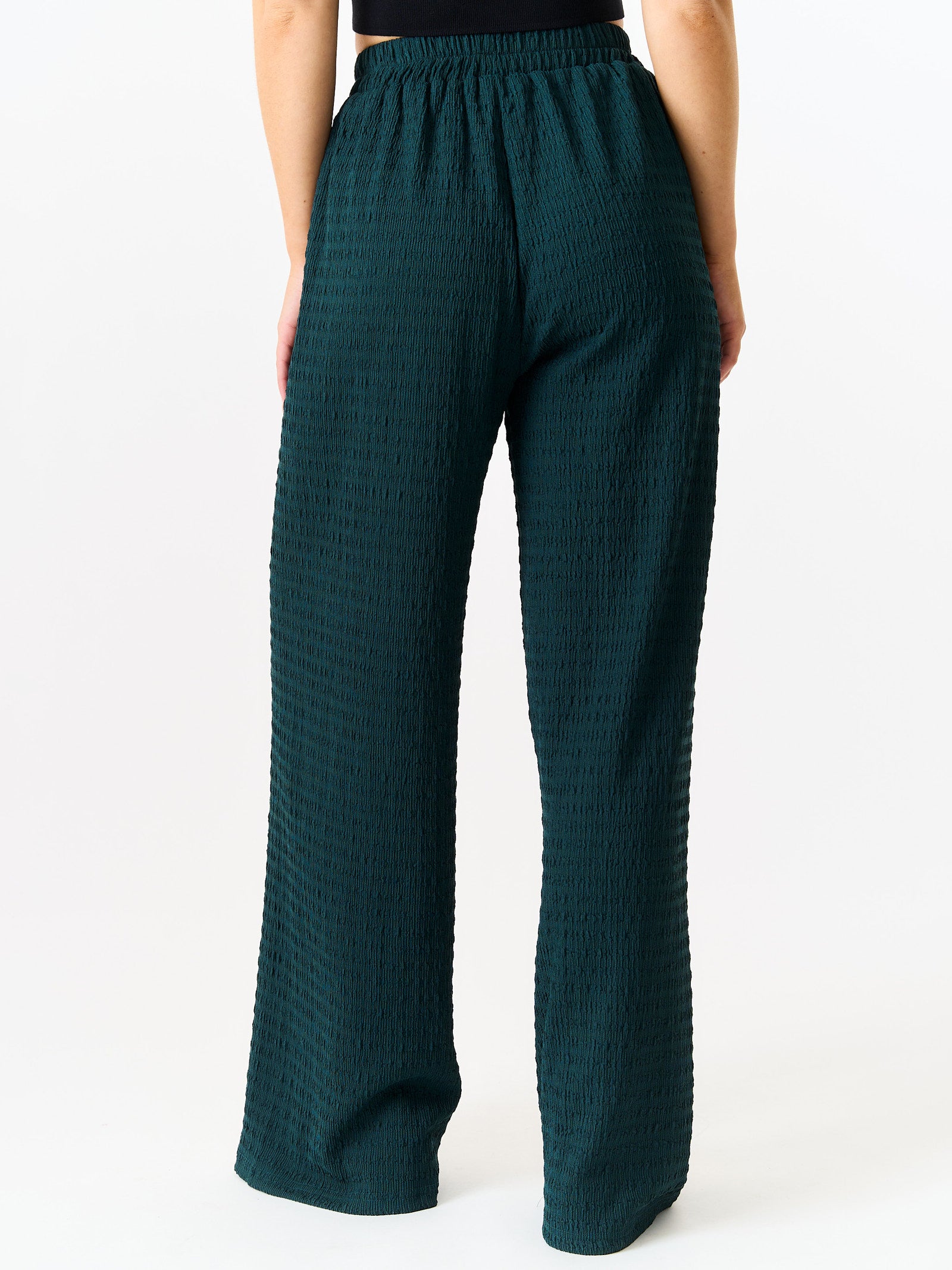 Bottle Green Textured Elastic Waist Pull On Trousers