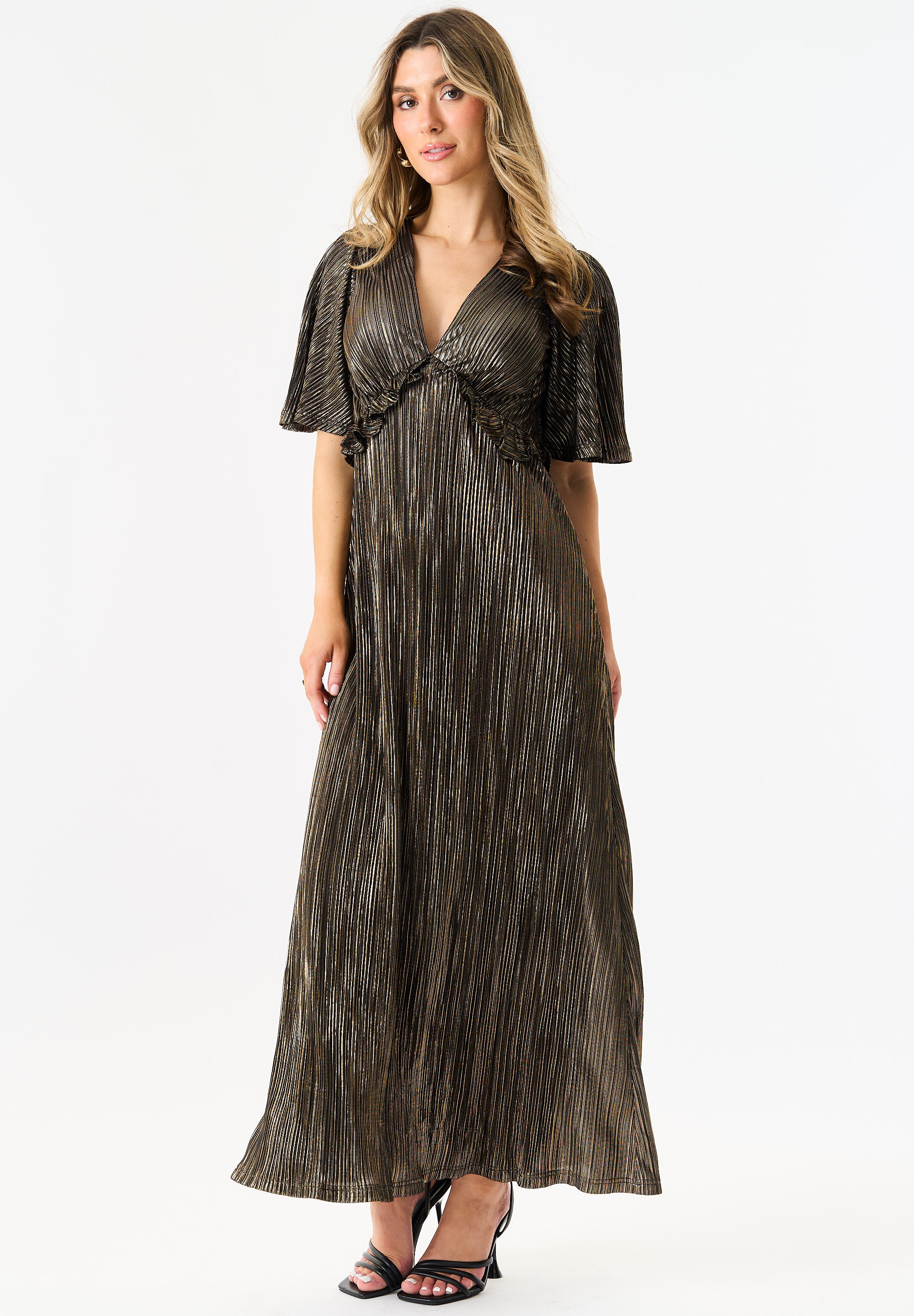 Black Metallic Plisse Maxi Dress
