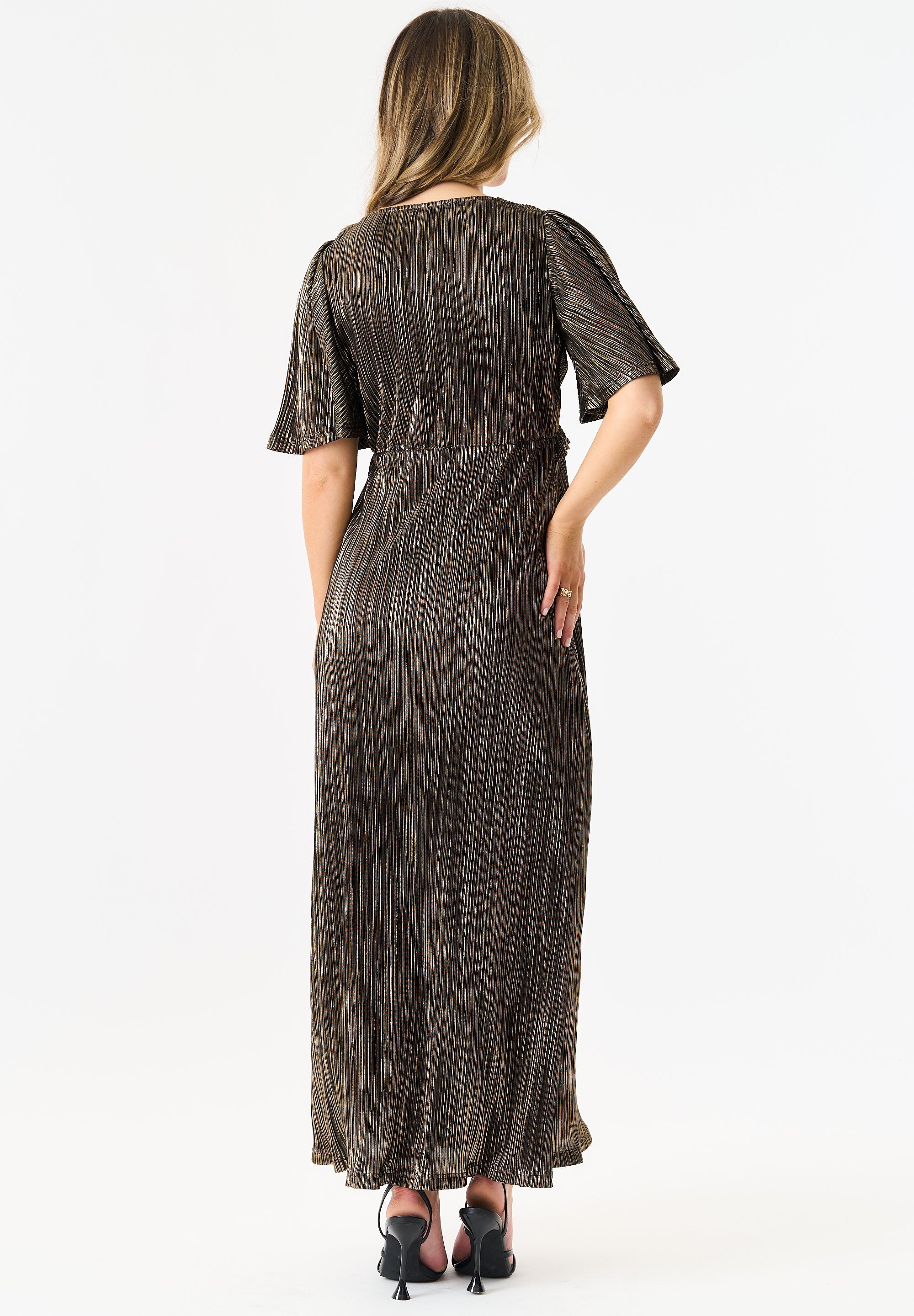 Black Metallic Plisse Maxi Dress