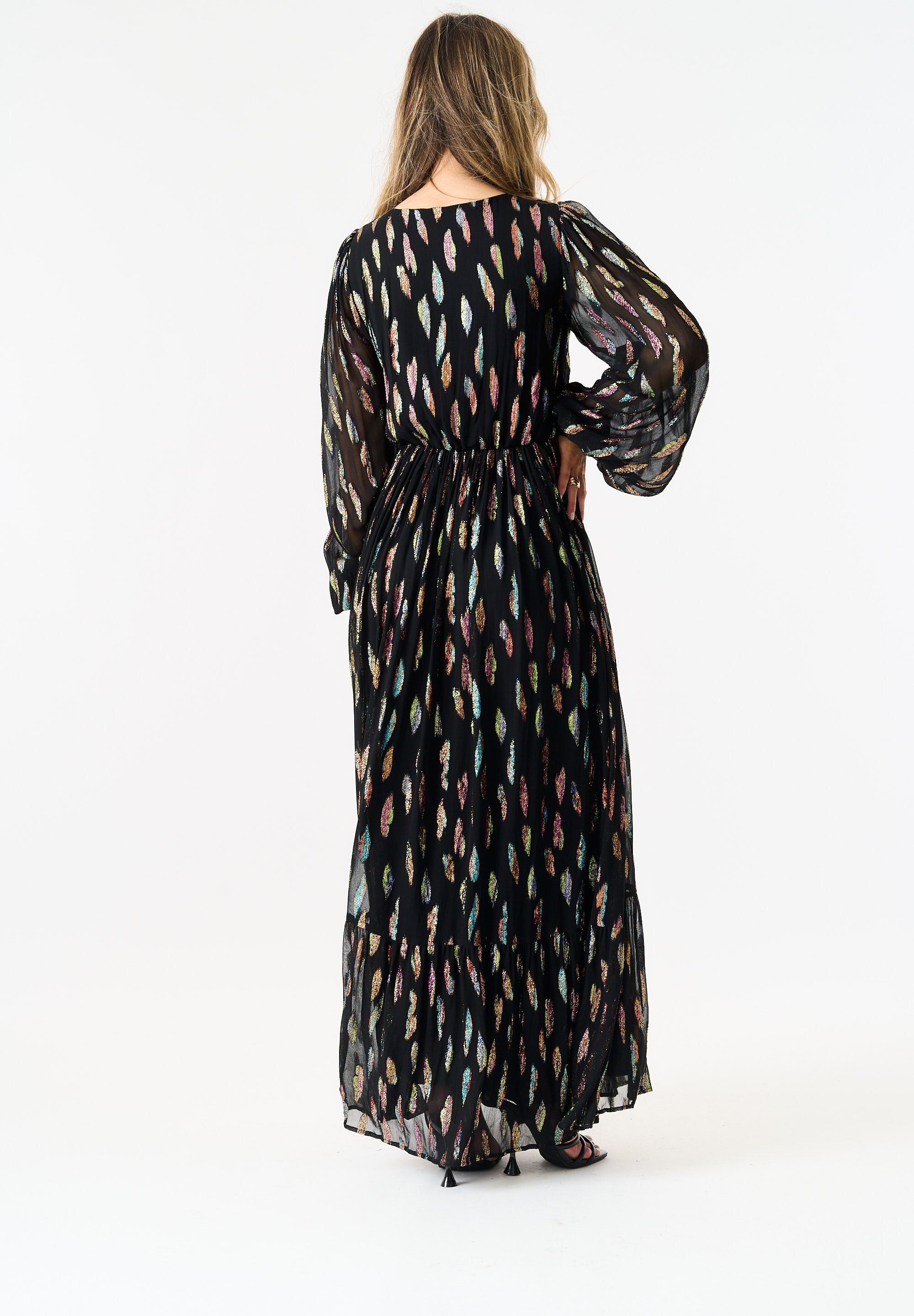 Black Metallic Print Full Sleeve Maxi Dress