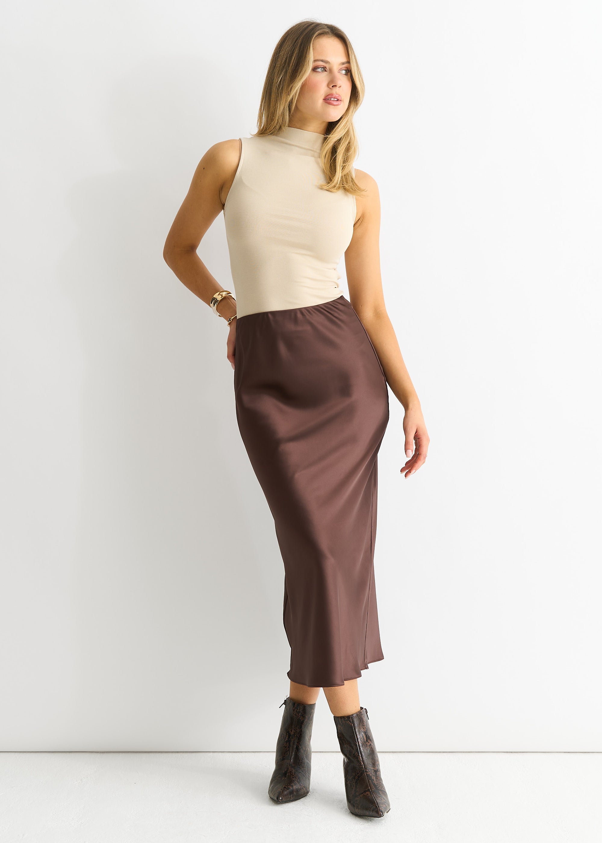 Chocolate Satin Midi Skirt