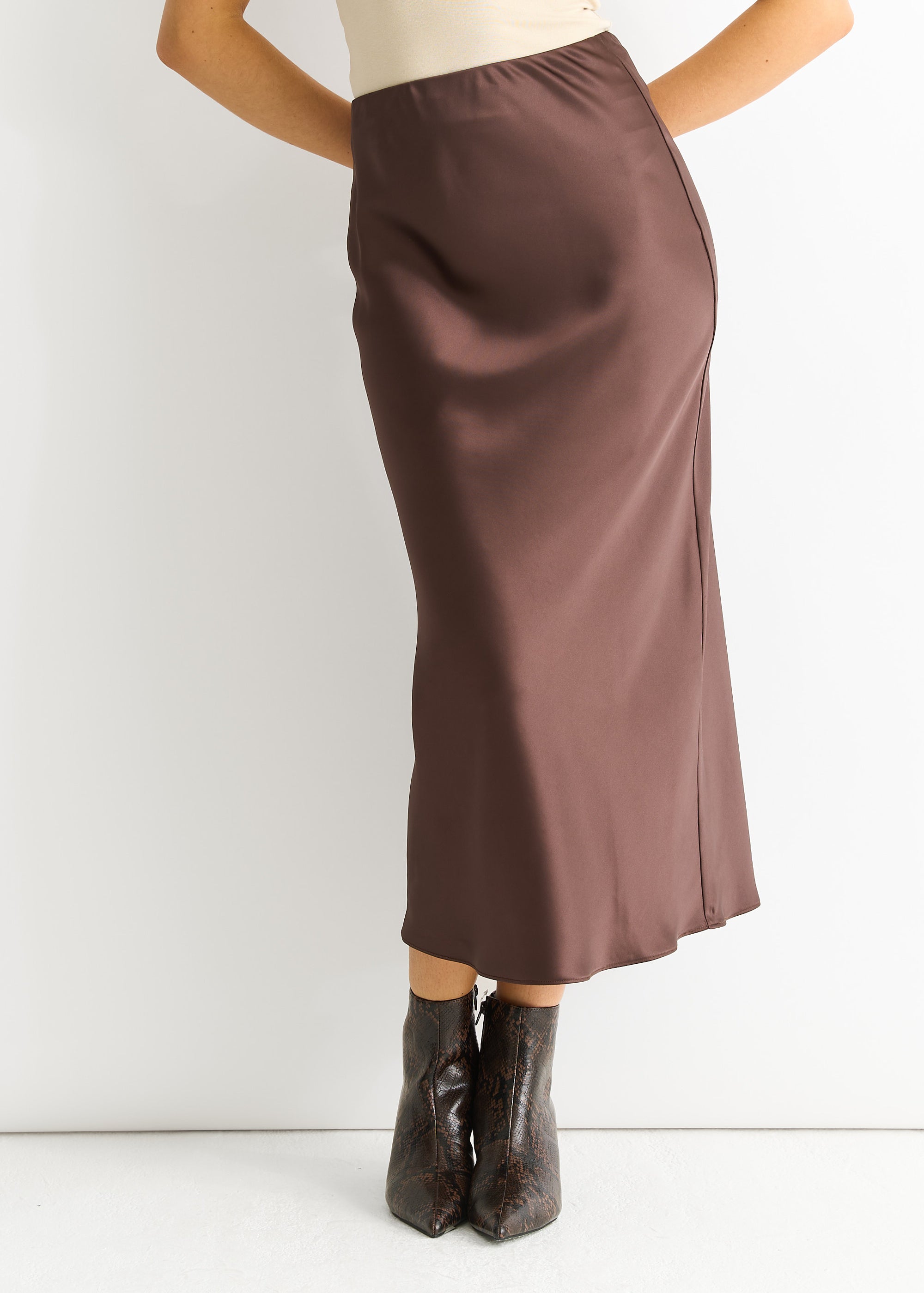 Chocolate Satin Midi Skirt