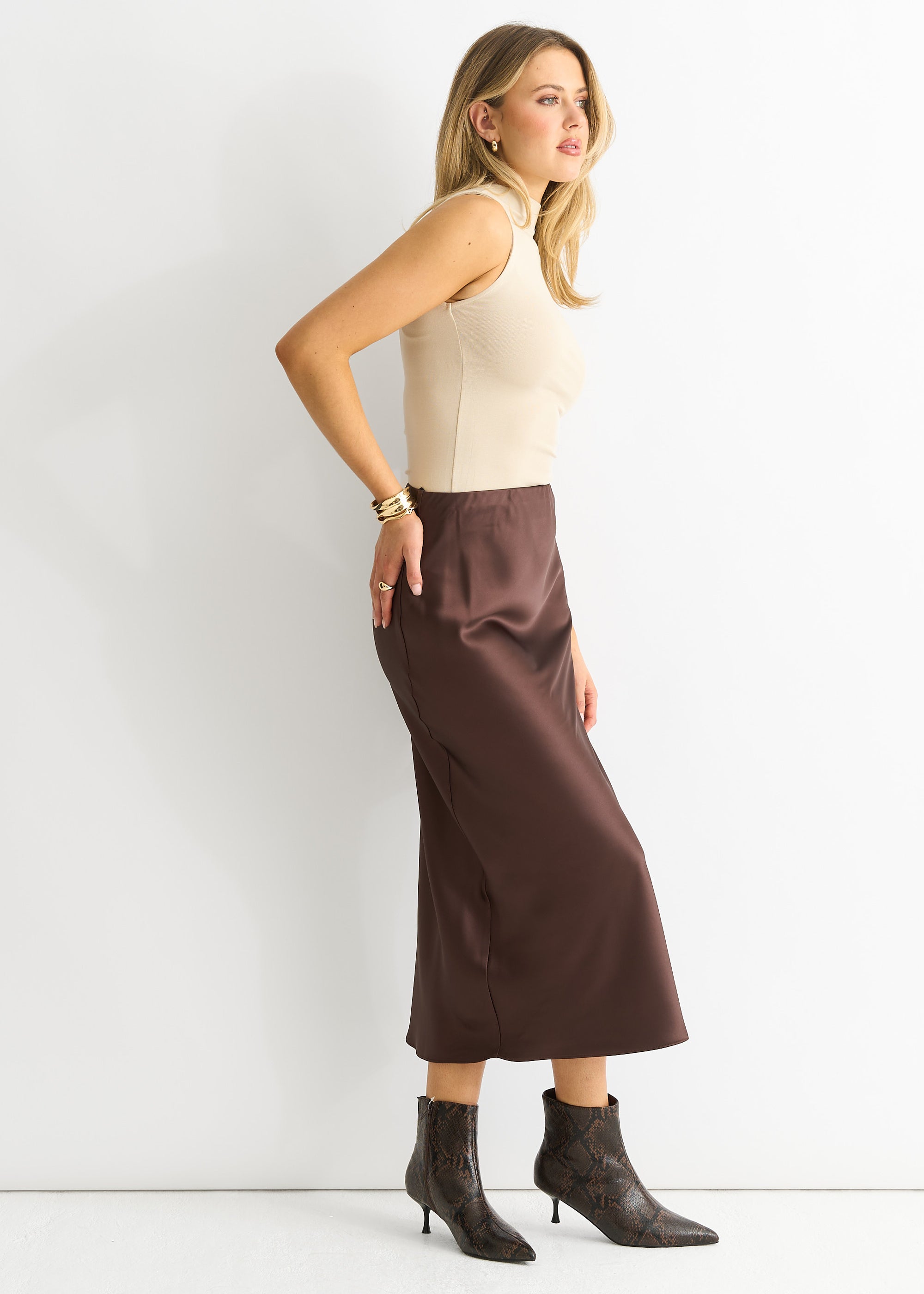 Chocolate Satin Midi Skirt