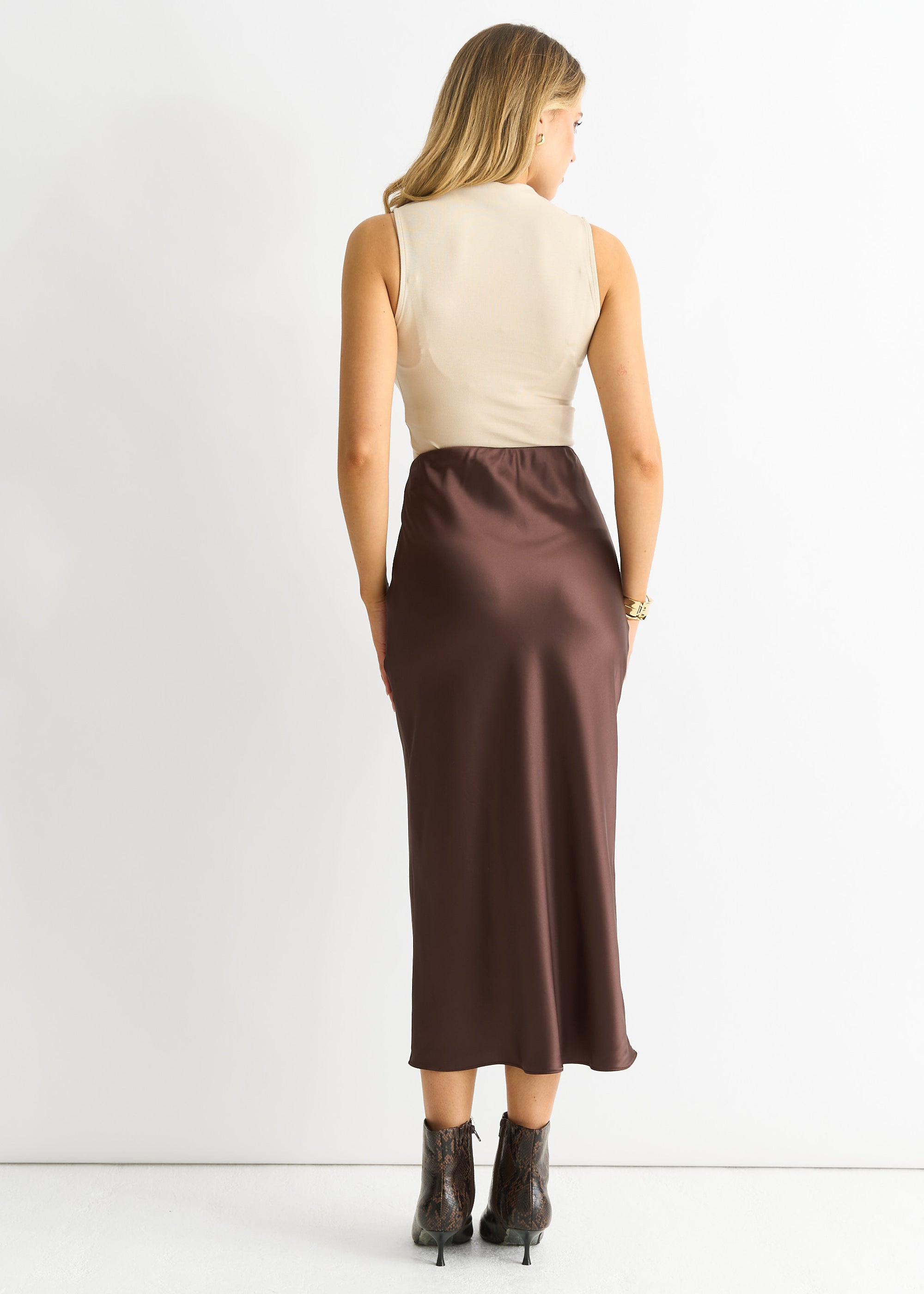 Chocolate Satin Midi Skirt