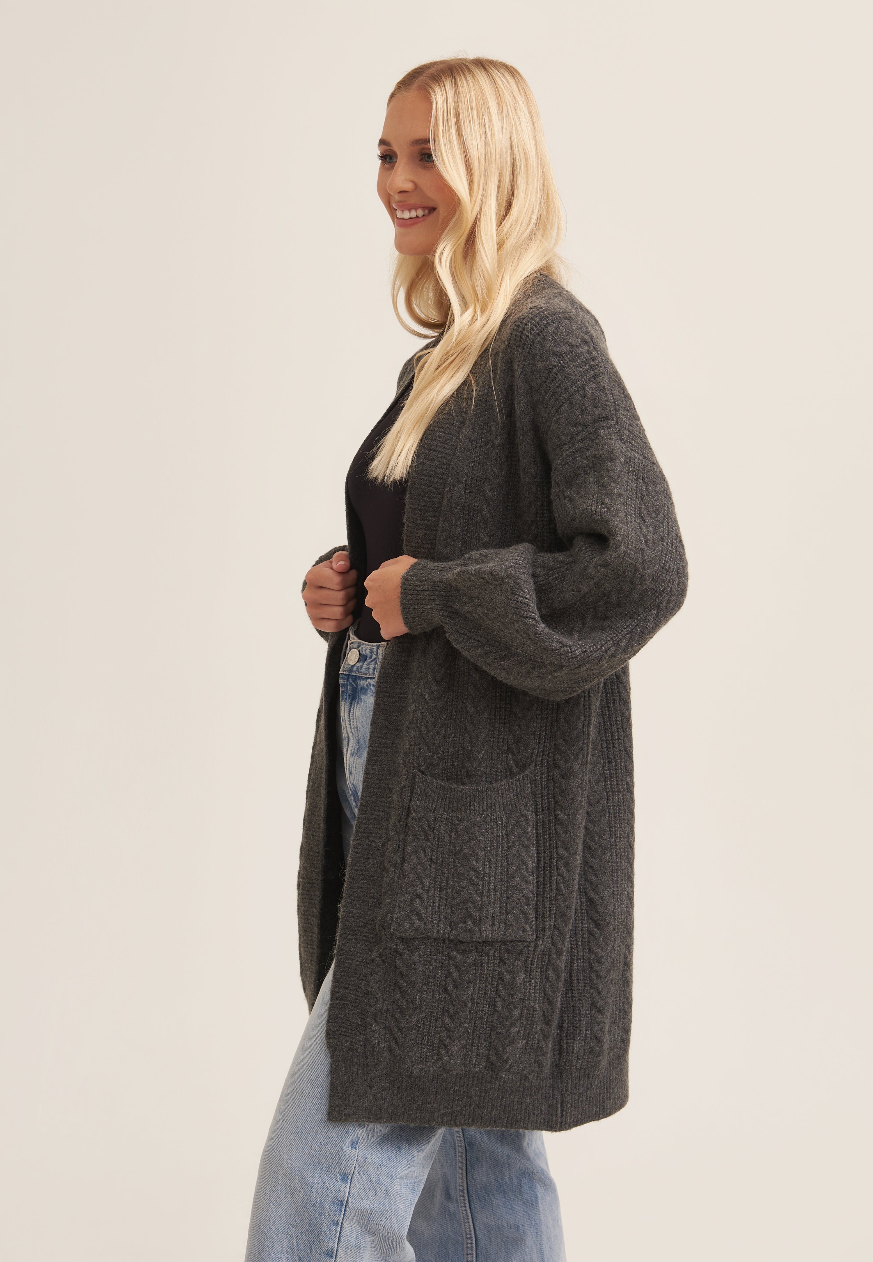 Grey Cable Knit Pocket Edge to Edge Cardigan