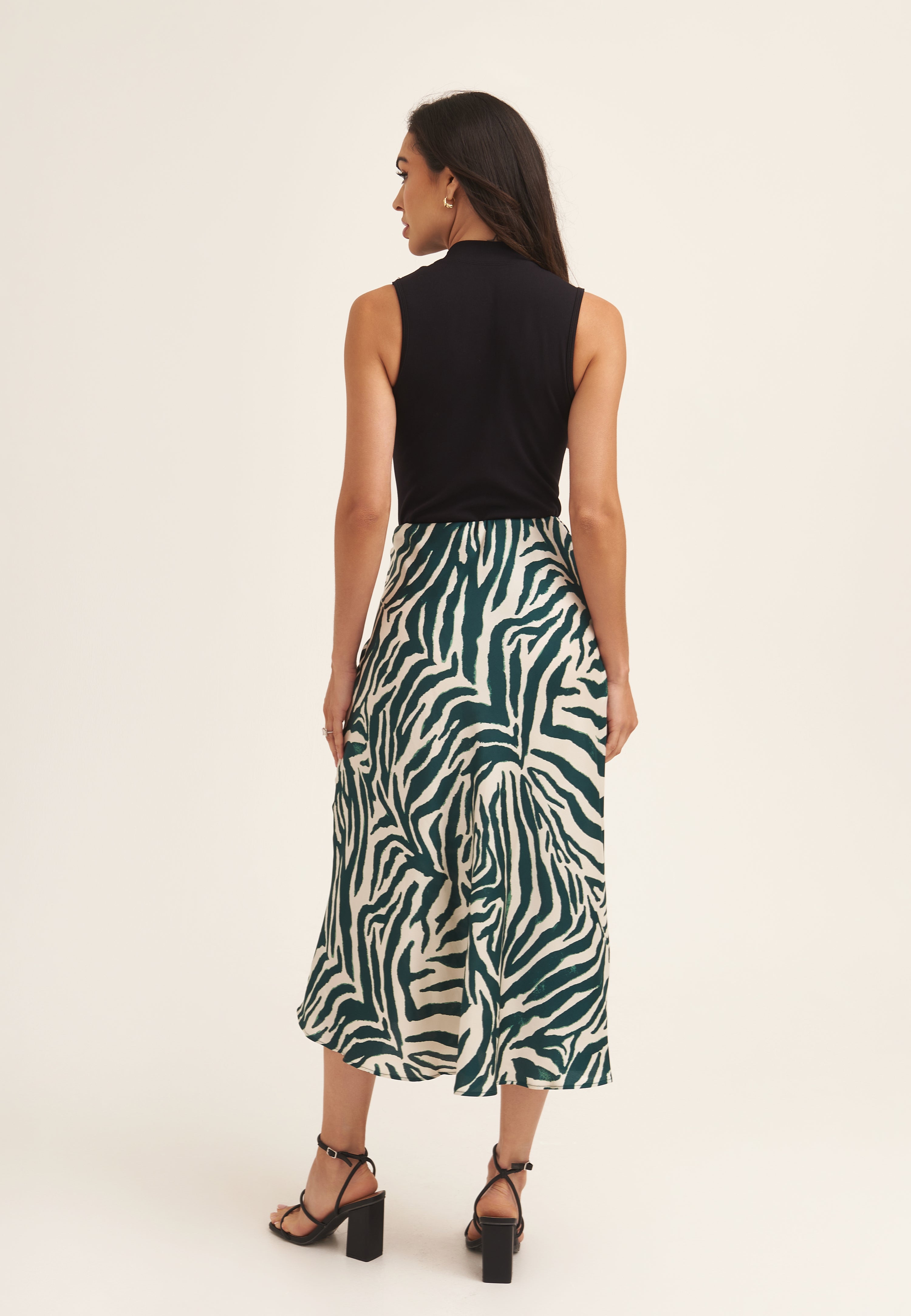 Green Animal Print Satin Bias Cut Midi Skirt