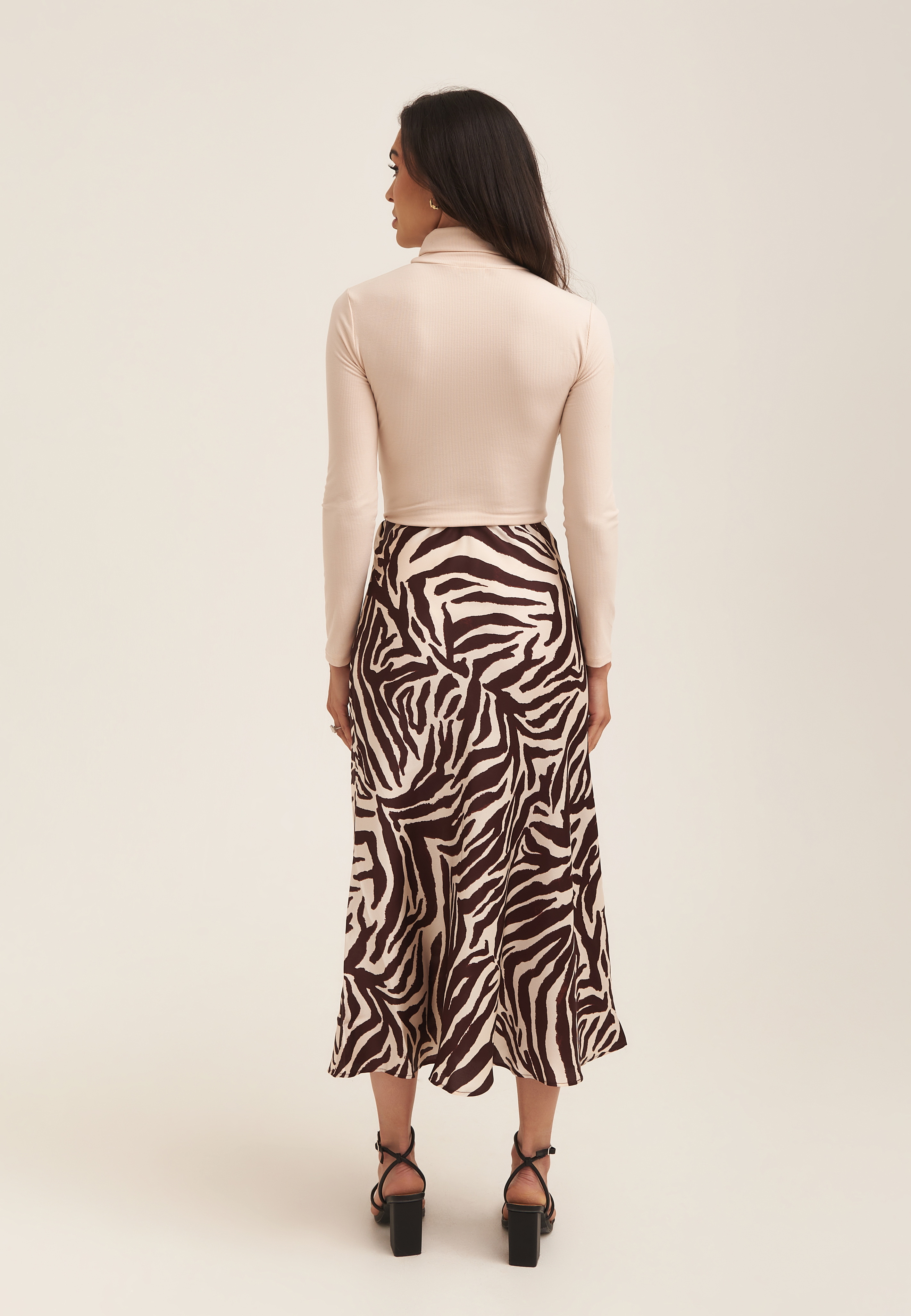 Chocolate Animal Print Satin Bias Cut Midi Skirt