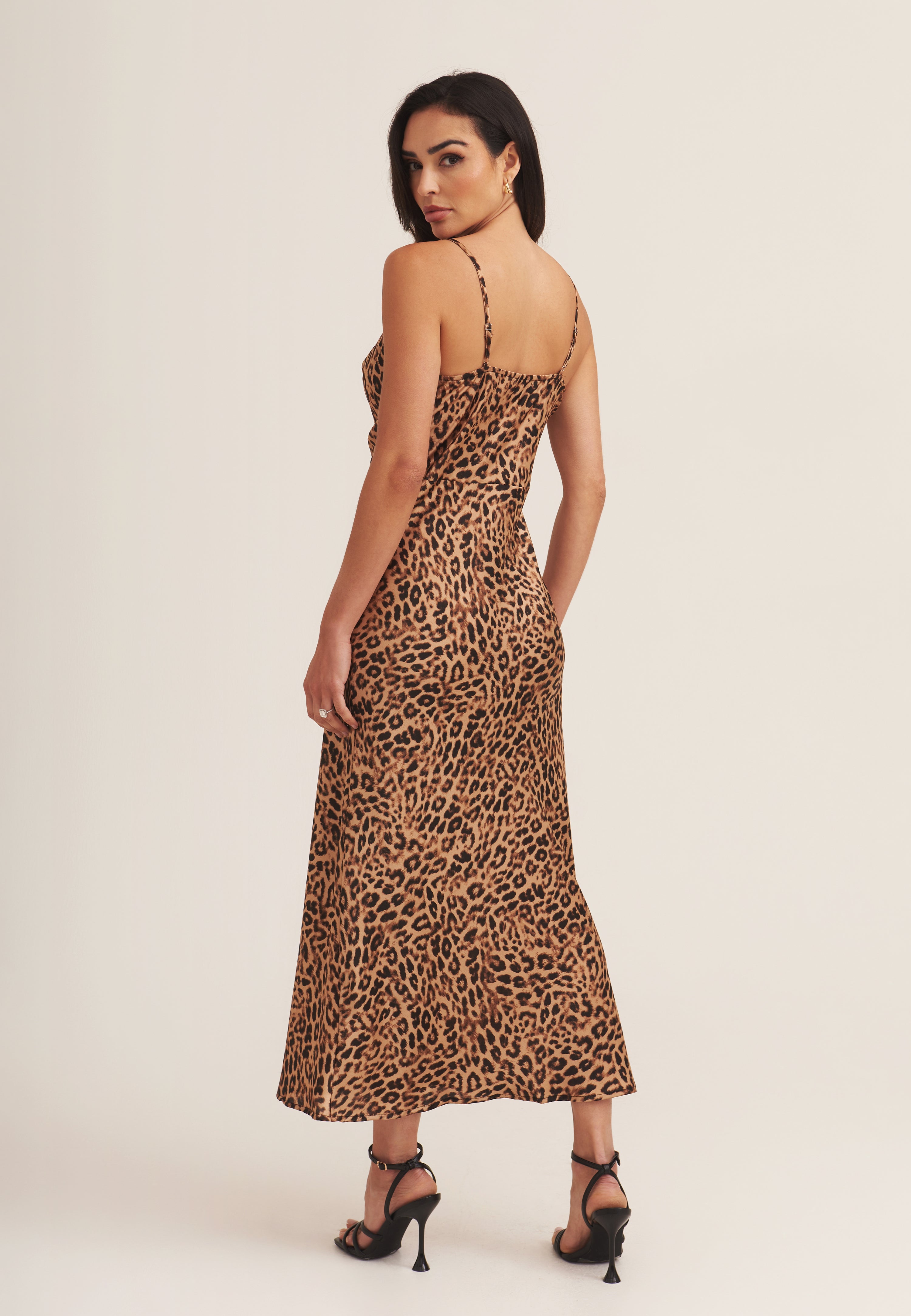 Brown Animal Print Cami Cowl Midi Dress