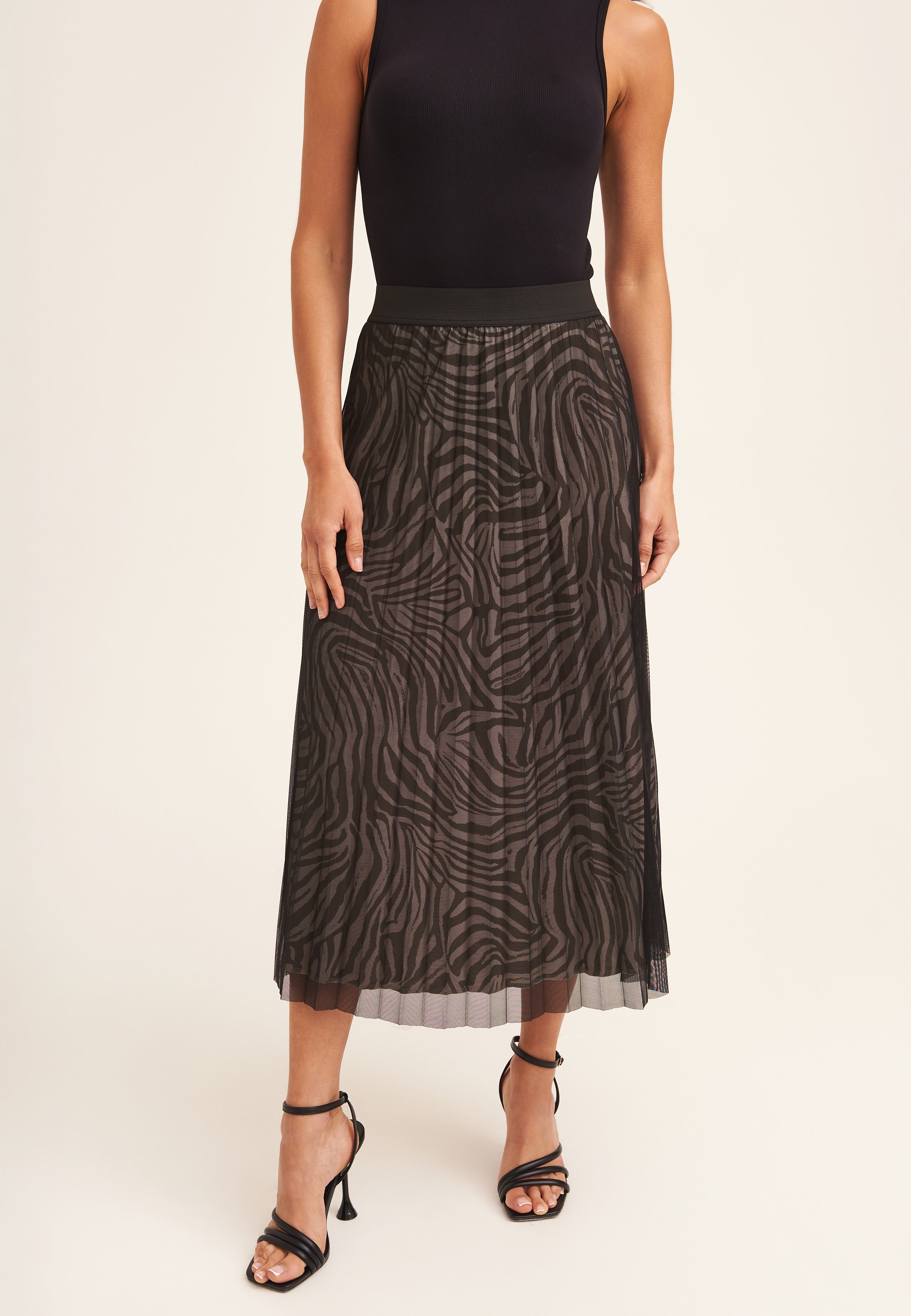 Black Animal Print Mesh Overlay Pleated Midi Skirt