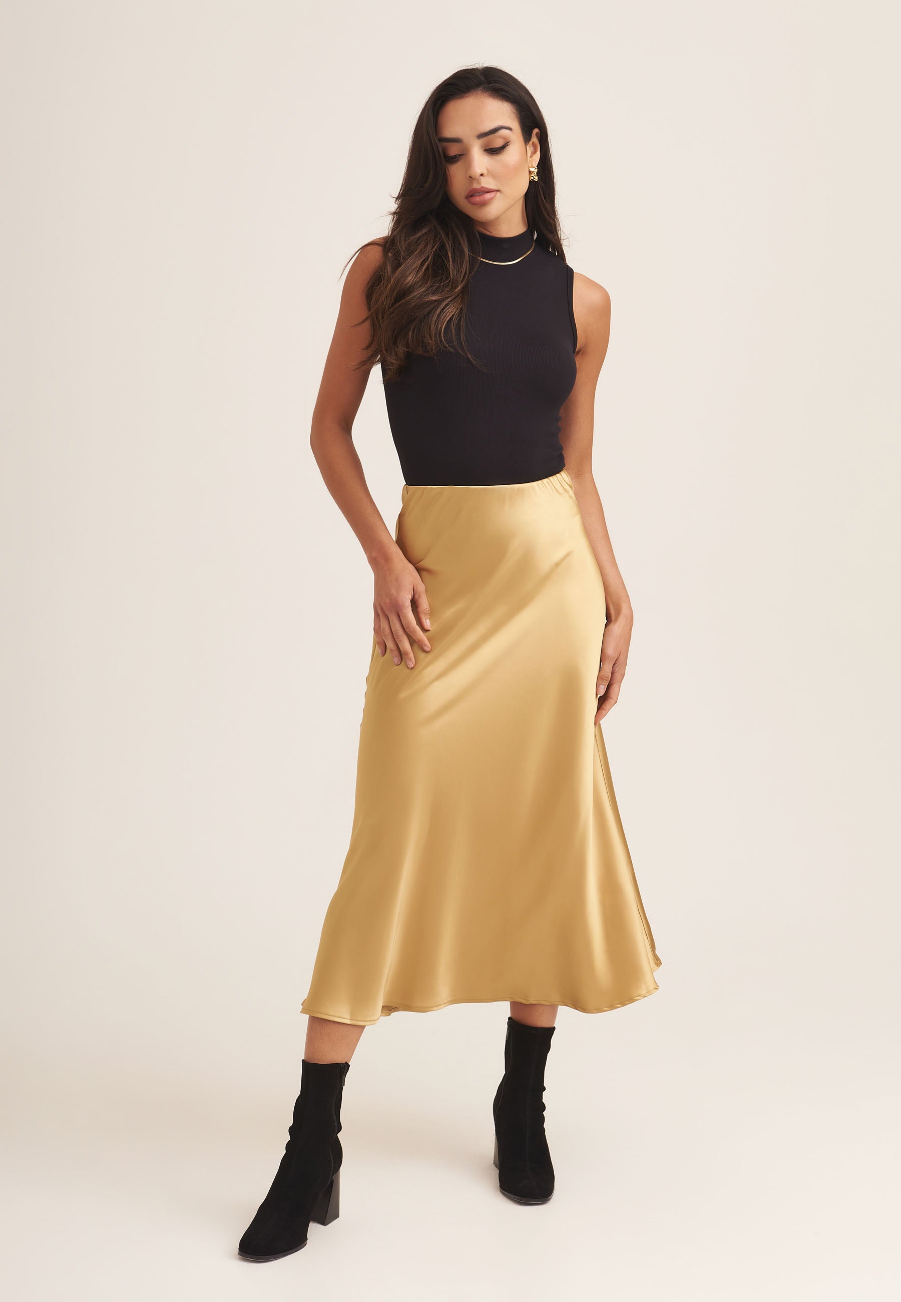 Sandy Gold Satin Bias Cut Midi Skirt