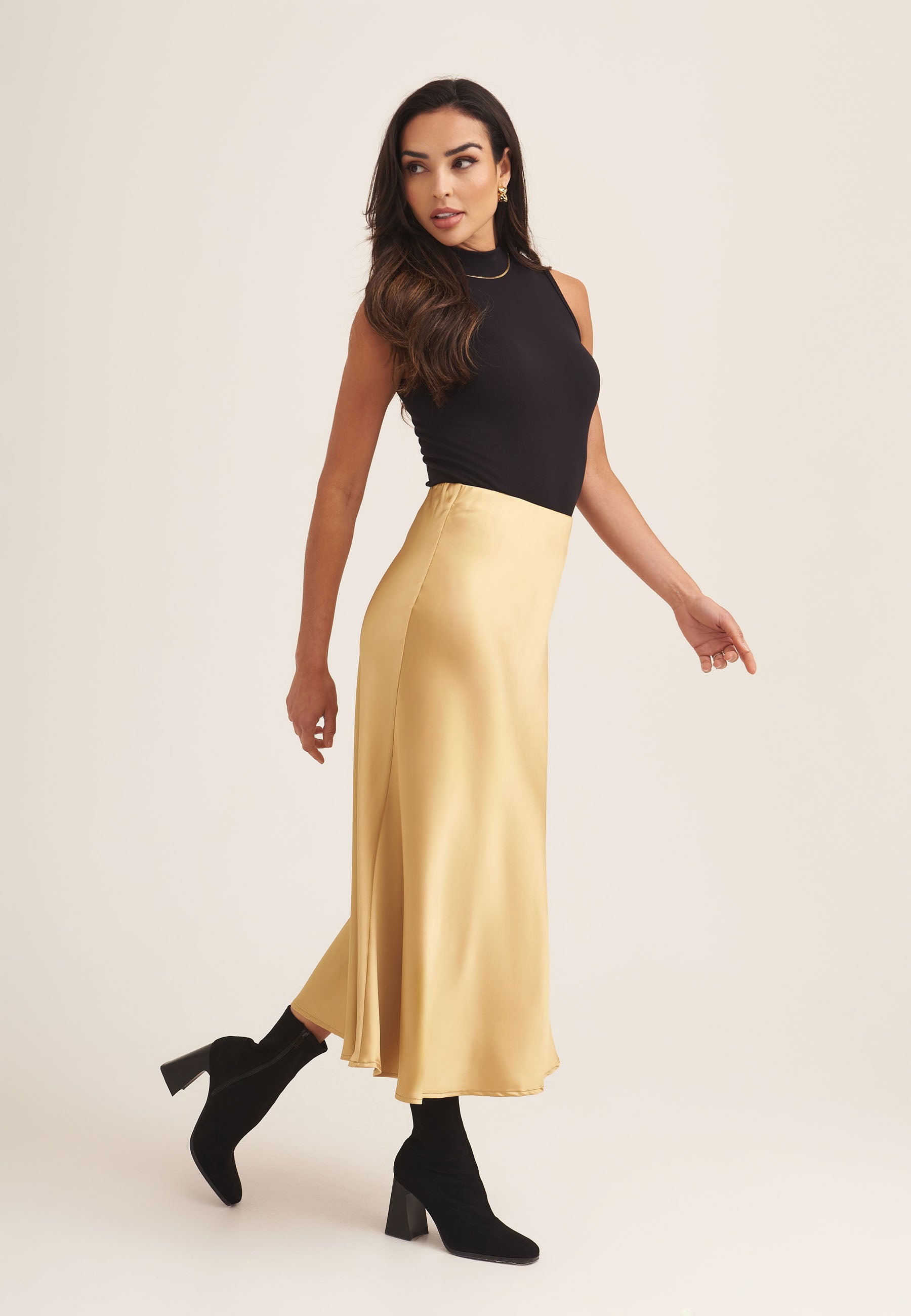 Sandy Gold Satin Bias Cut Midi Skirt