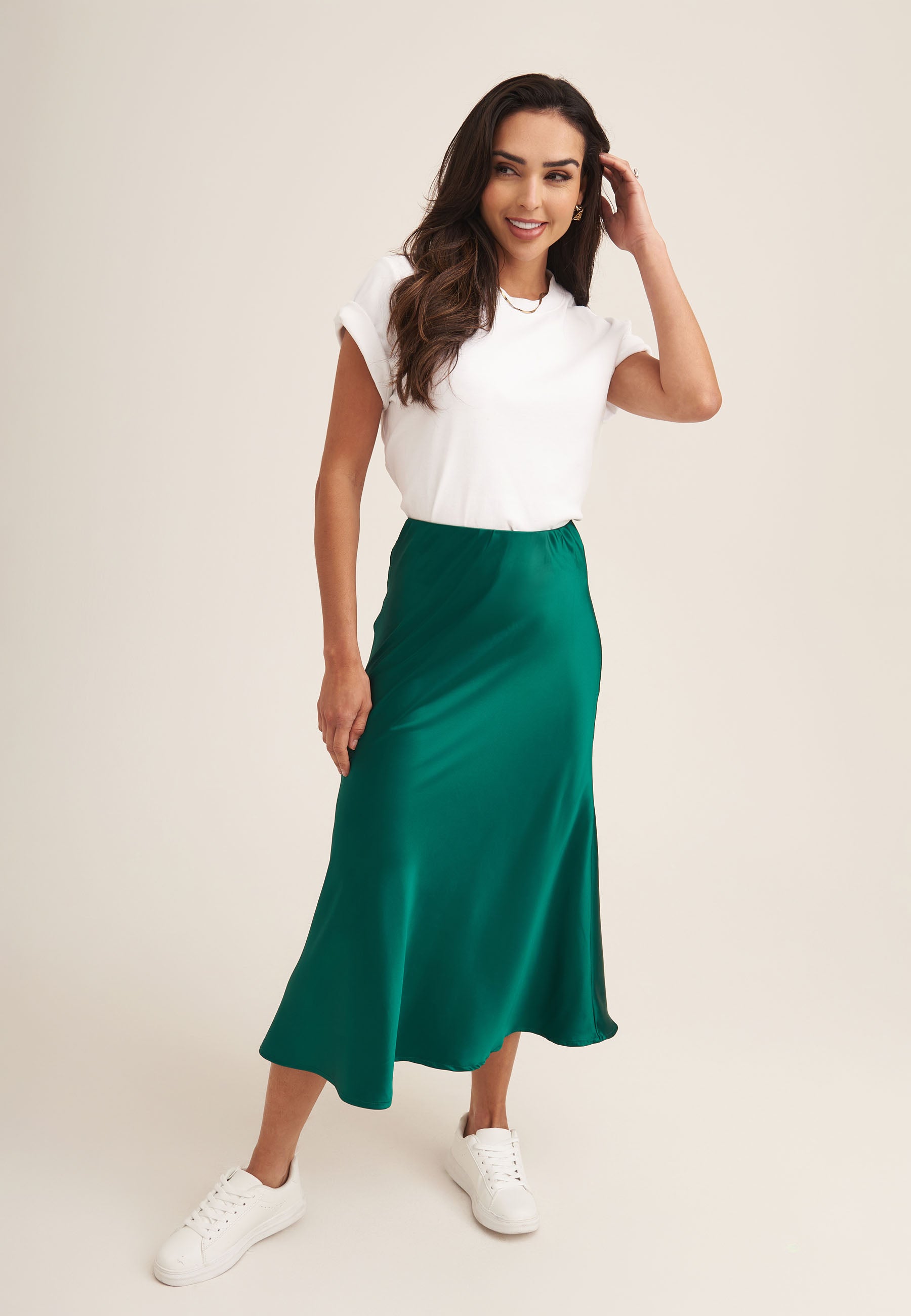 Green Satin Bias Cut Midi Skirt