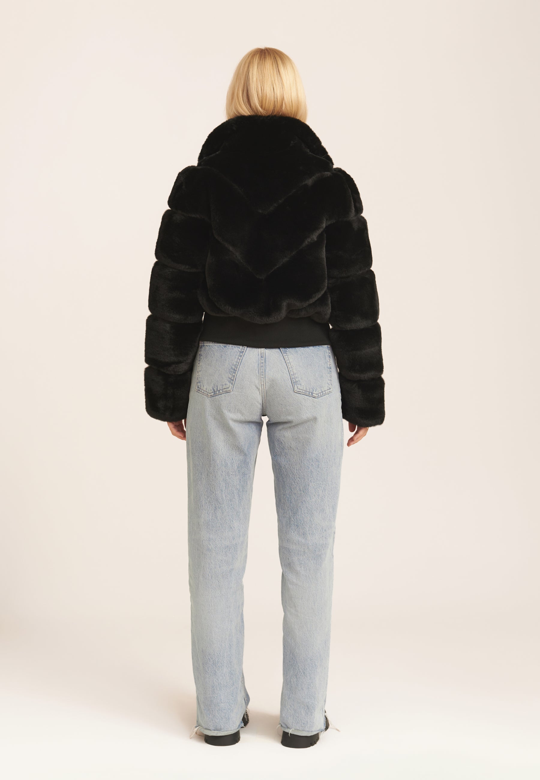 Black Faux Fur Zip Front Short Jacket