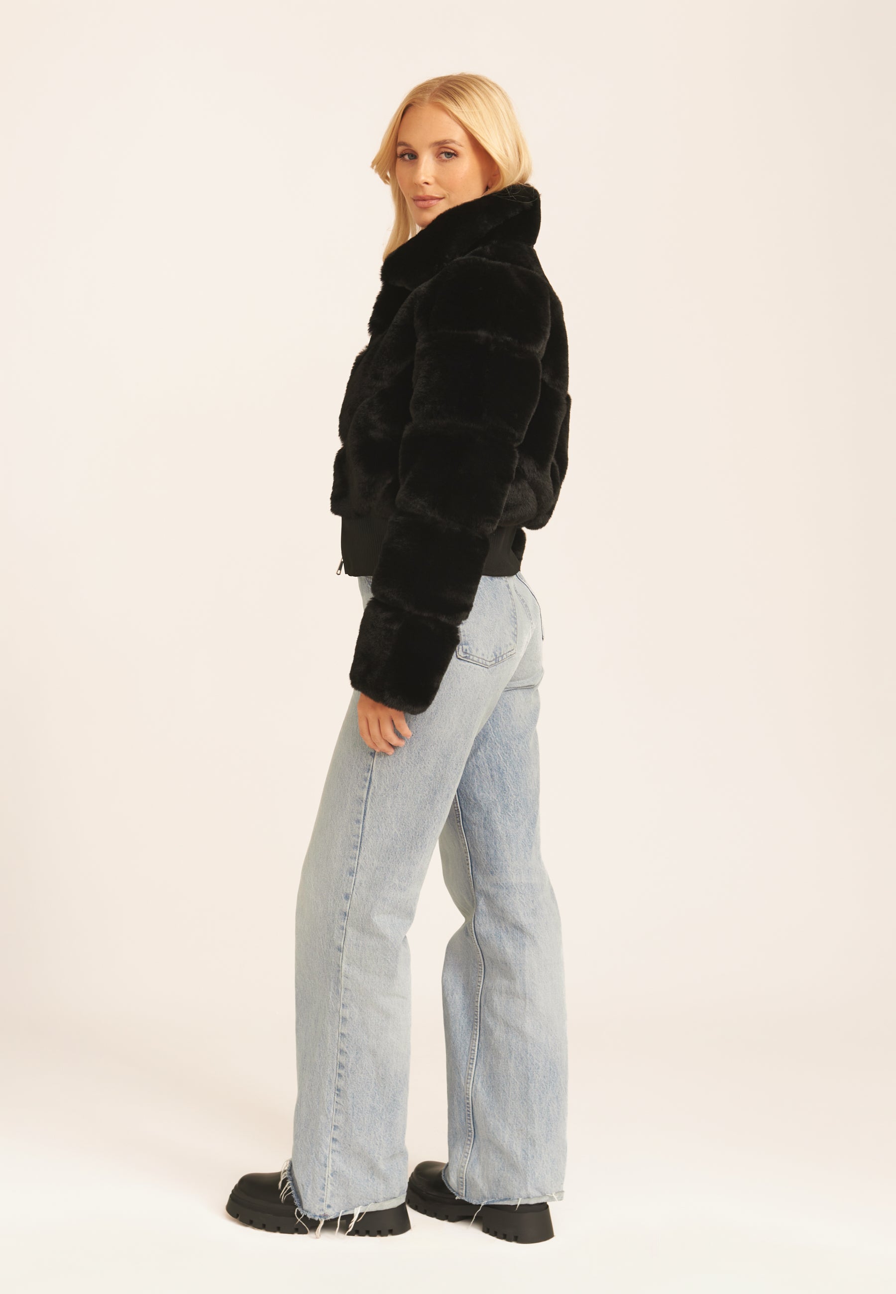 Black Faux Fur Zip Front Short Jacket