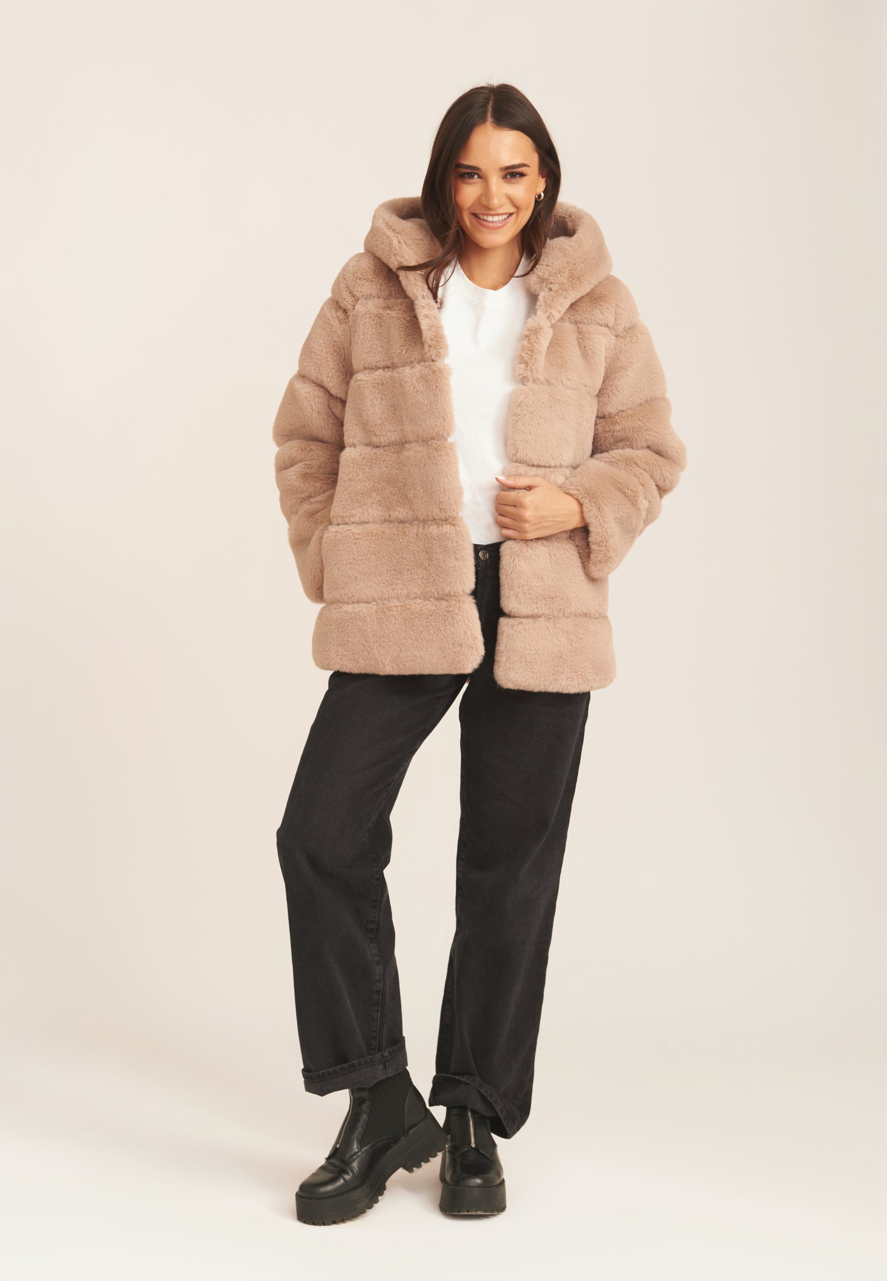 Mink Brown Horizontal Cut Fur Hooded Jacket