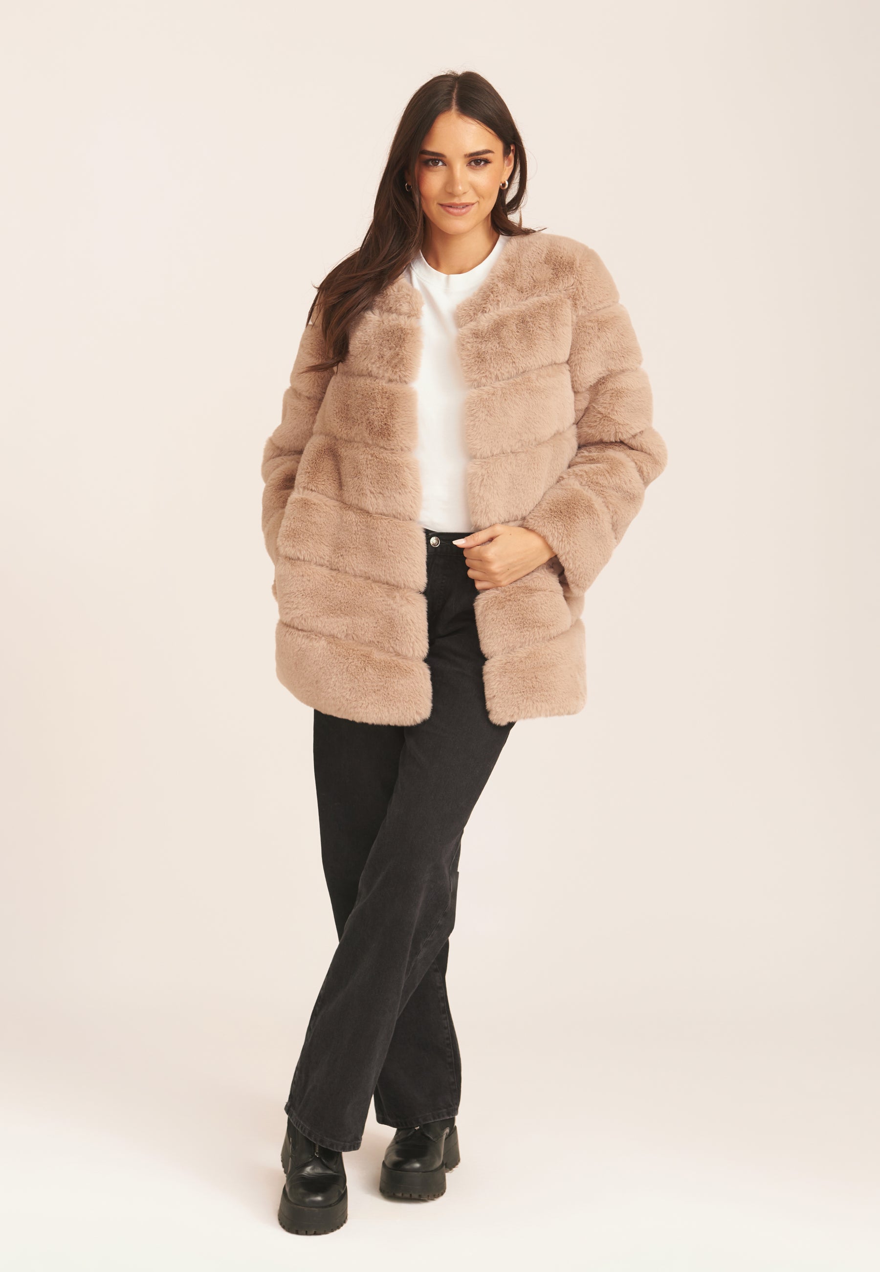 Mink Brown Diagonal Cut Faux Fur Long Sleeve Jacket