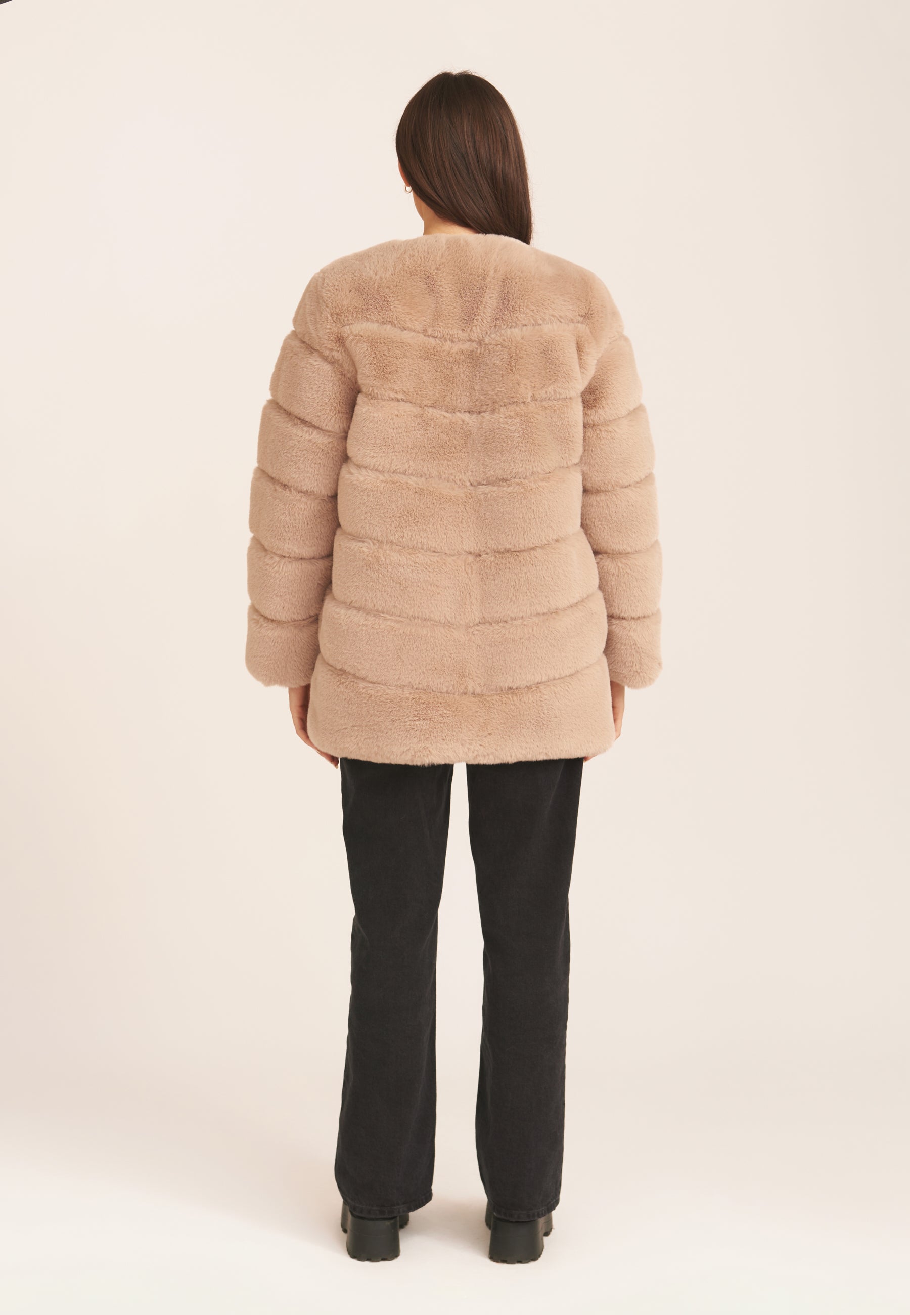 Mink Brown Diagonal Cut Faux Fur Long Sleeve Jacket