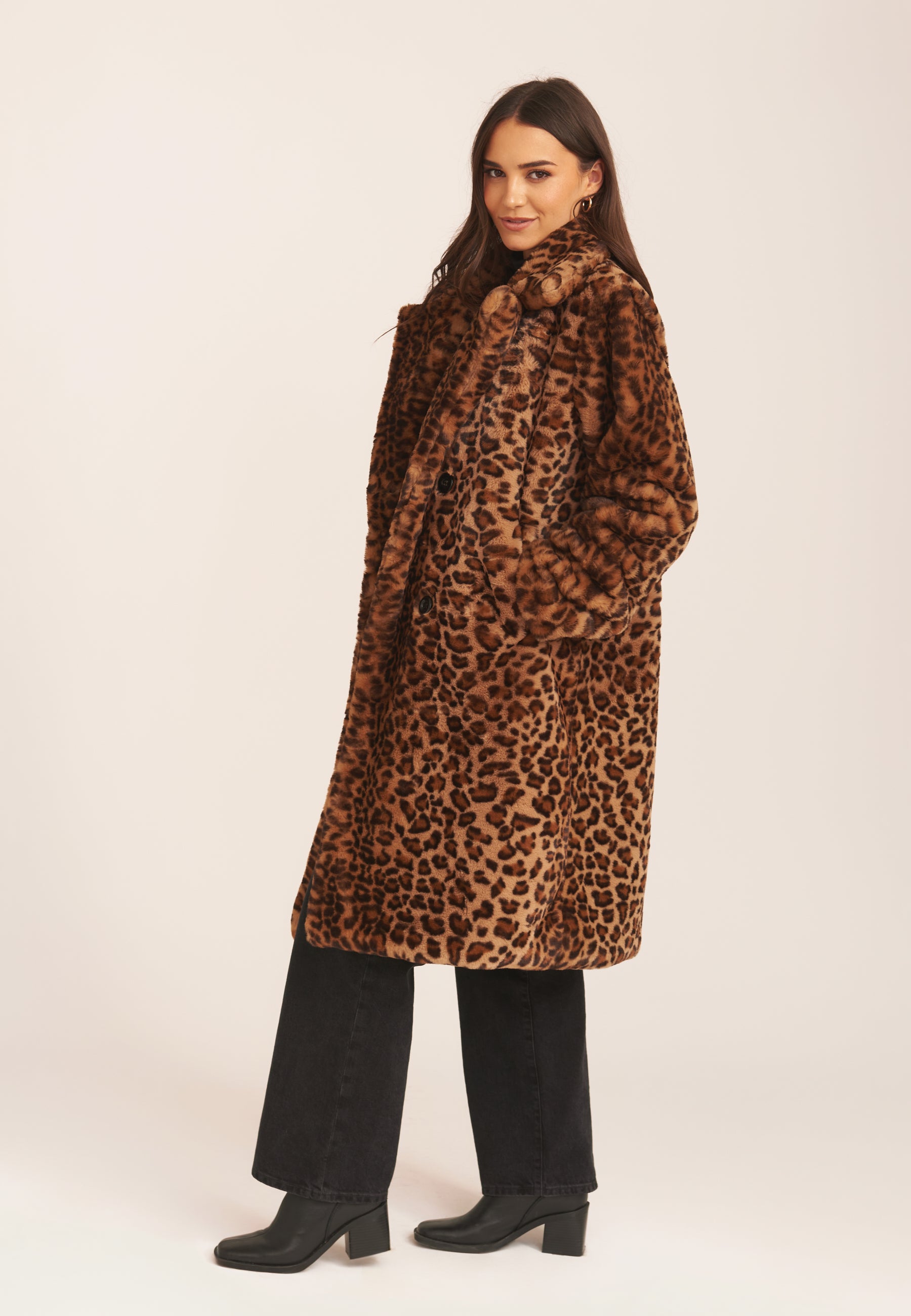 Brown Leopard Double Breasted Longline Faux Fur