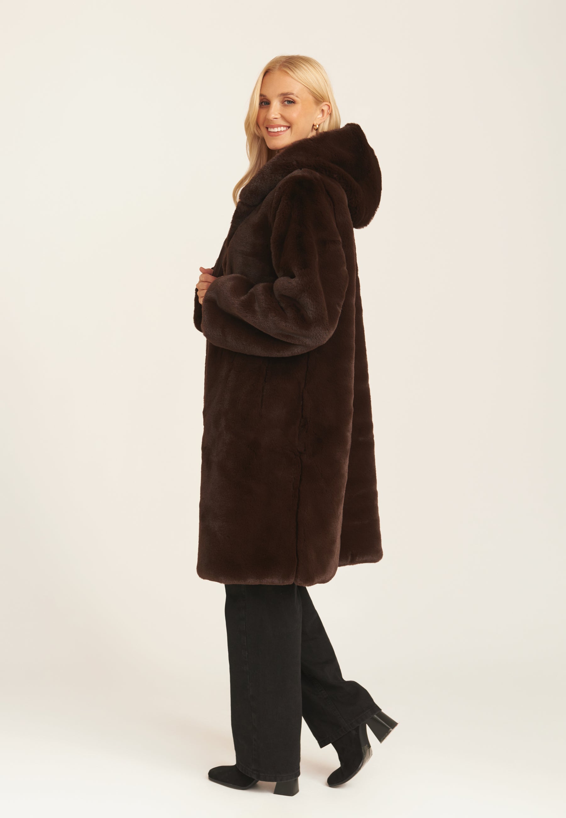Chocolate Faux Fur Hooded Longline Coat