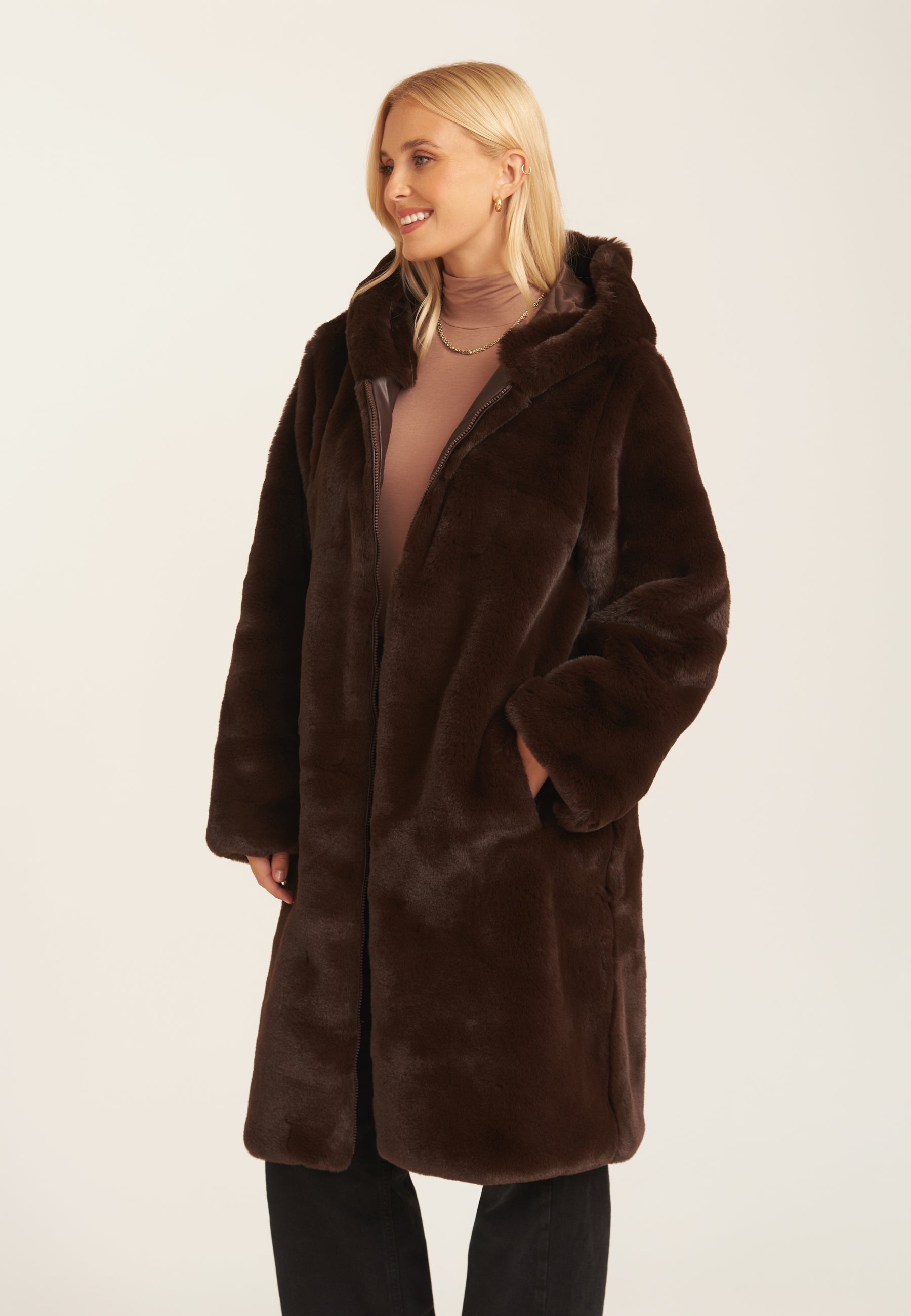 Chocolate Faux Fur Hooded Longline Coat