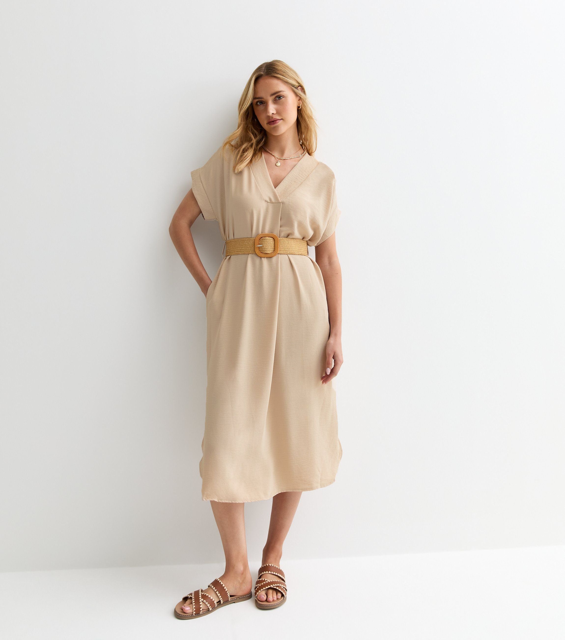 Beige V Neck Raffia Belt Tunic Dress