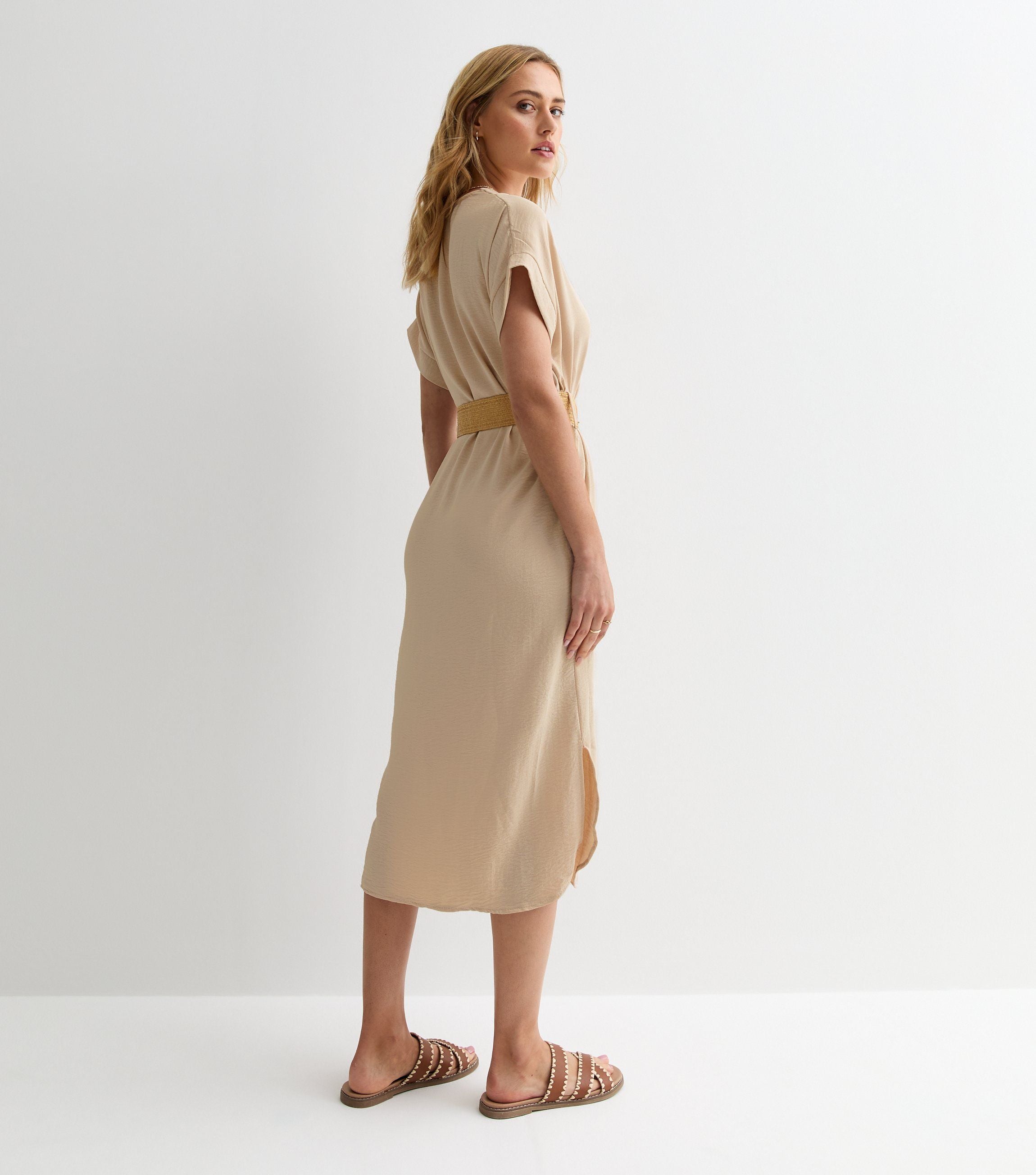 Beige V Neck Raffia Belt Tunic Dress