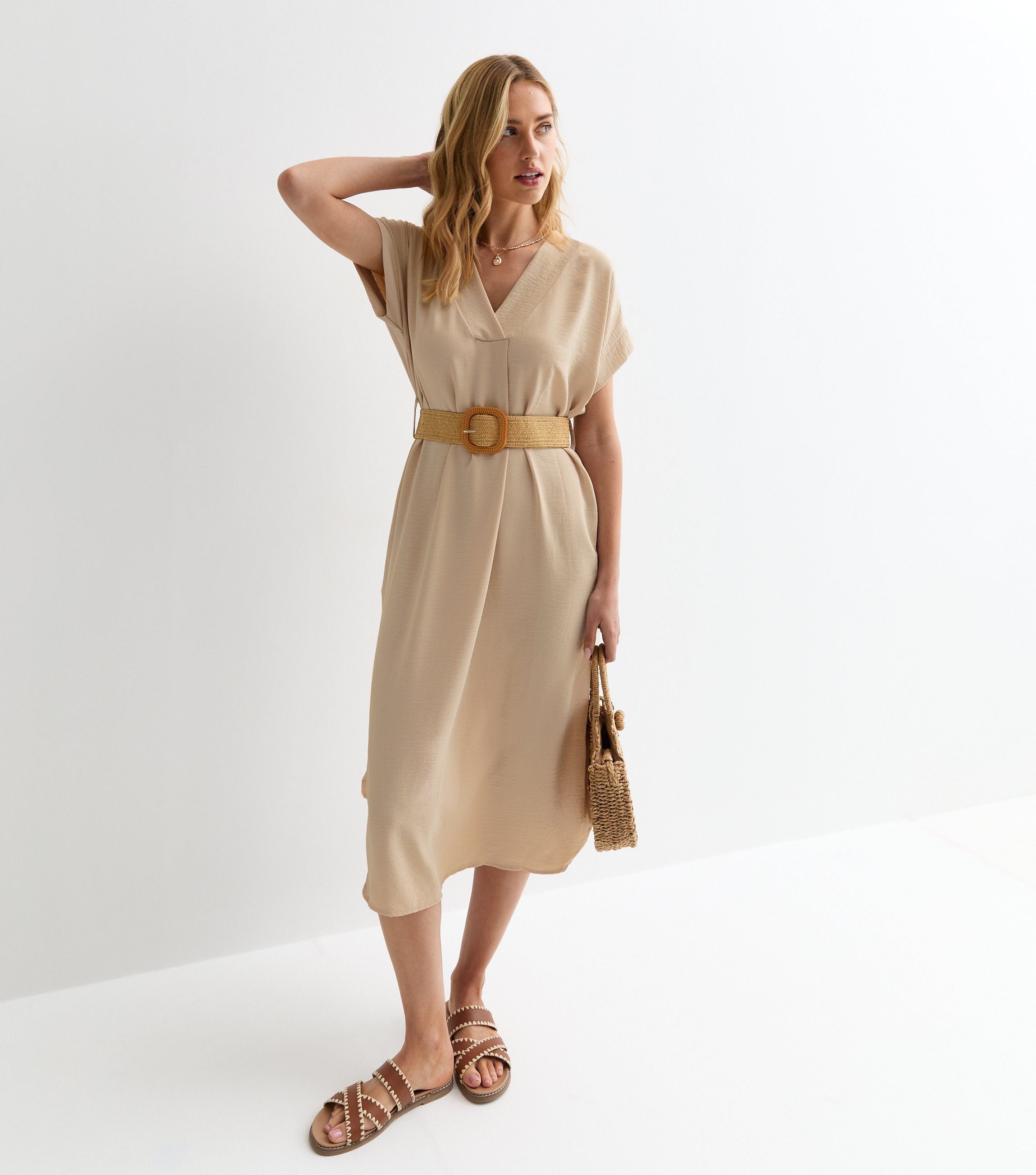 Beige V Neck Raffia Belt Tunic Dress