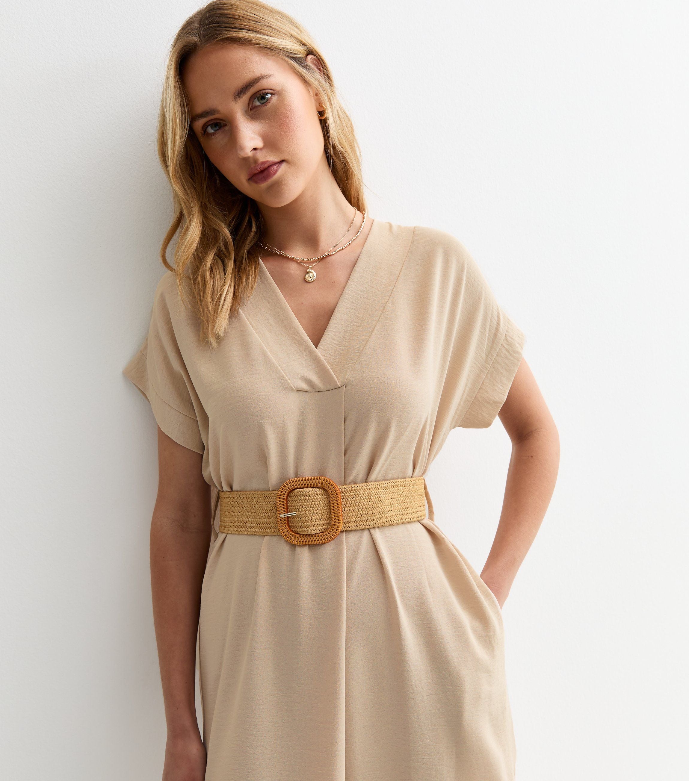 Beige V Neck Raffia Belt Tunic Dress