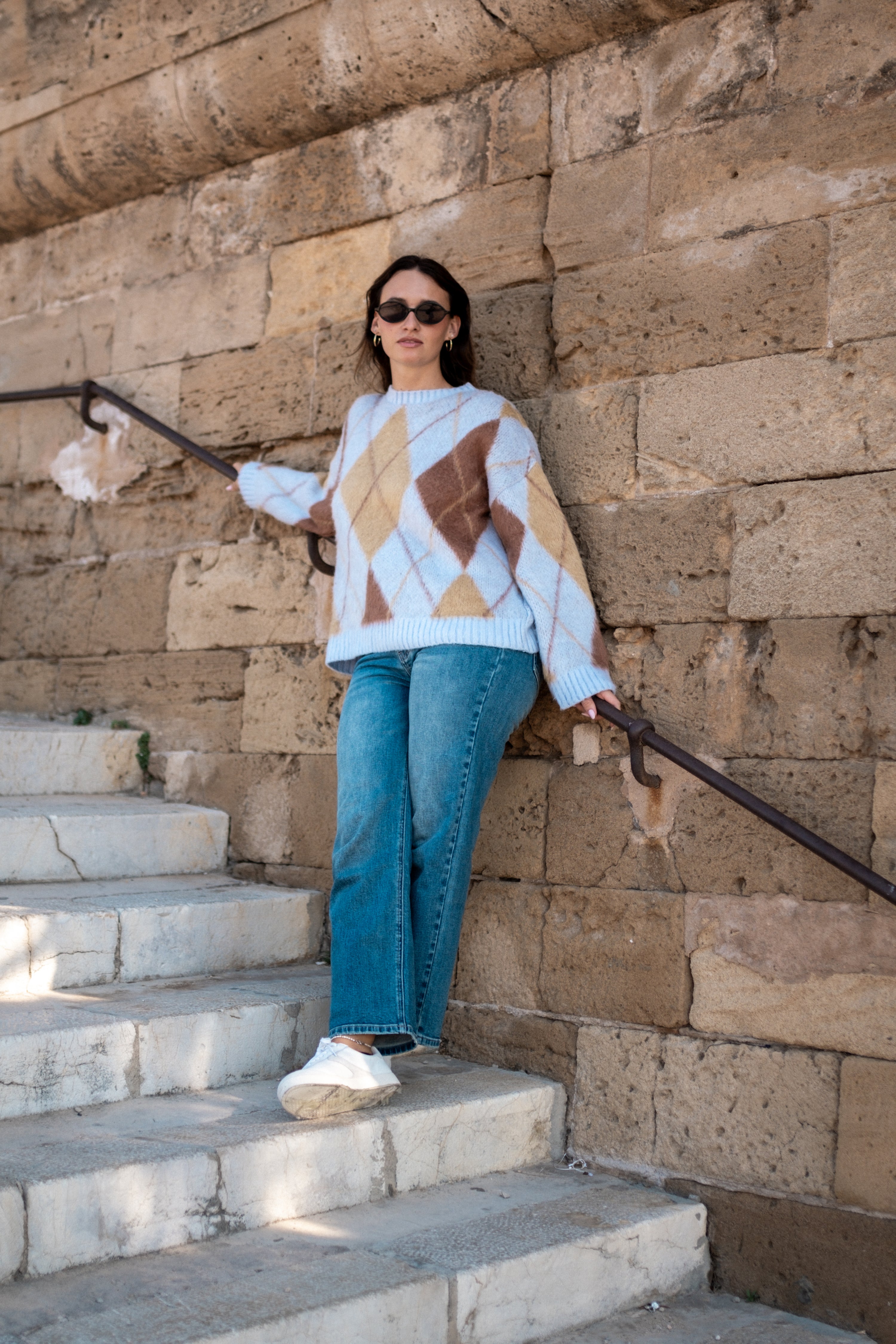 Blue Argyle Knit Round Neck Jumper