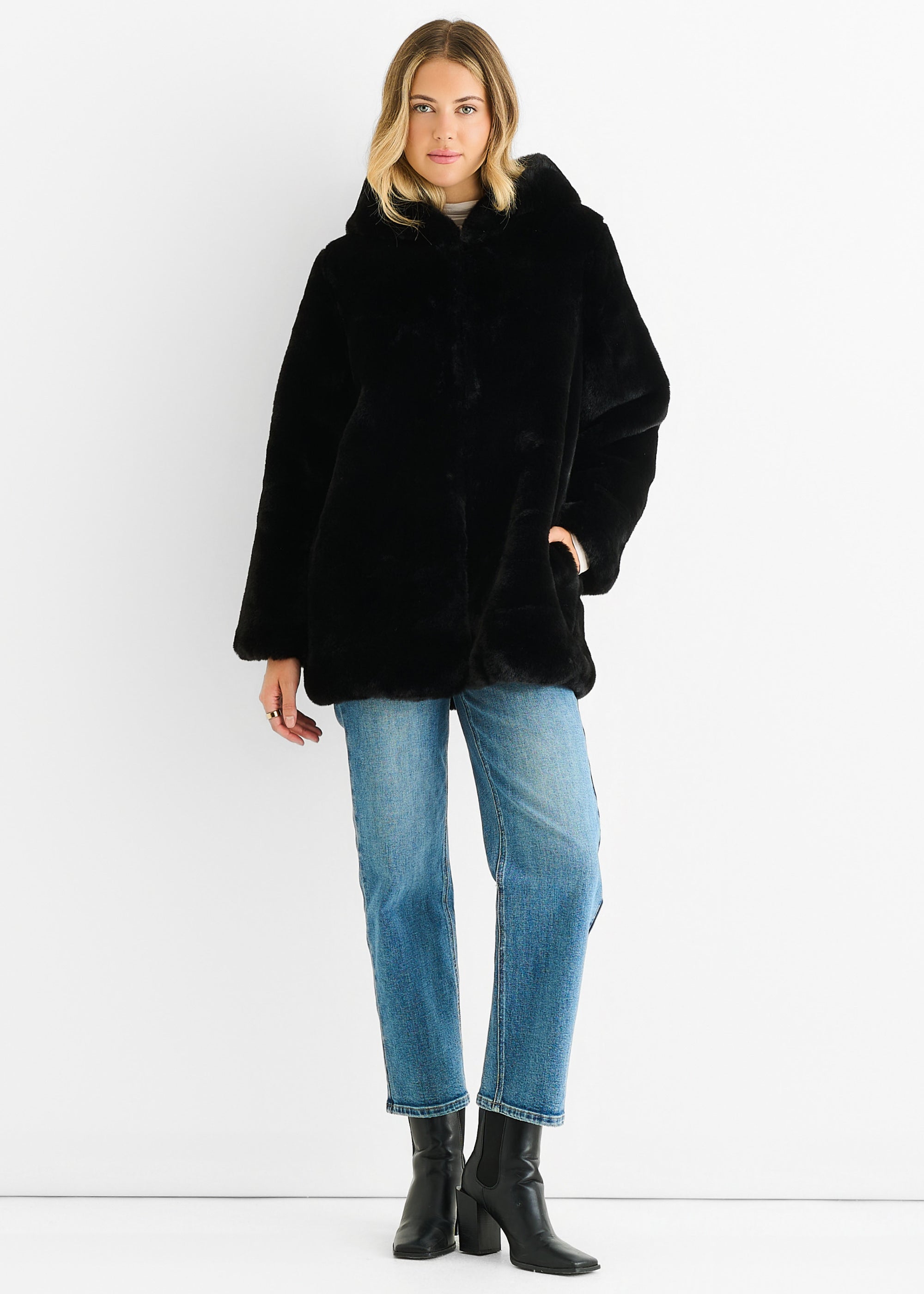 Black Hooded Long Sleeve Faux Fur Jacket – Gini London