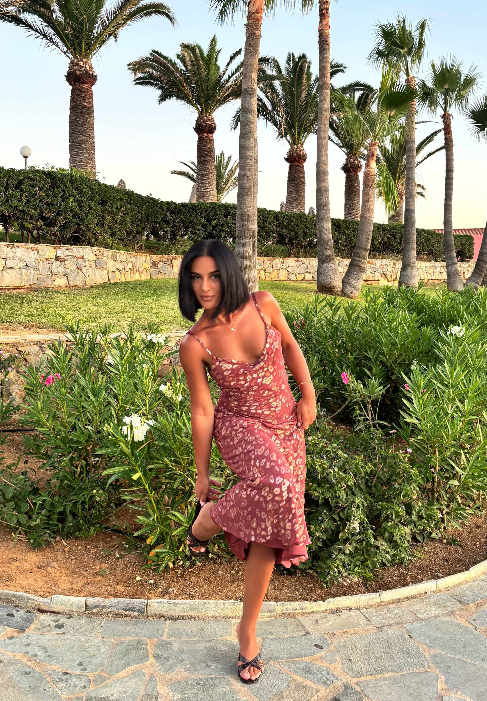 Brown Viscose Animal Jacquard Cowl Midi Dress