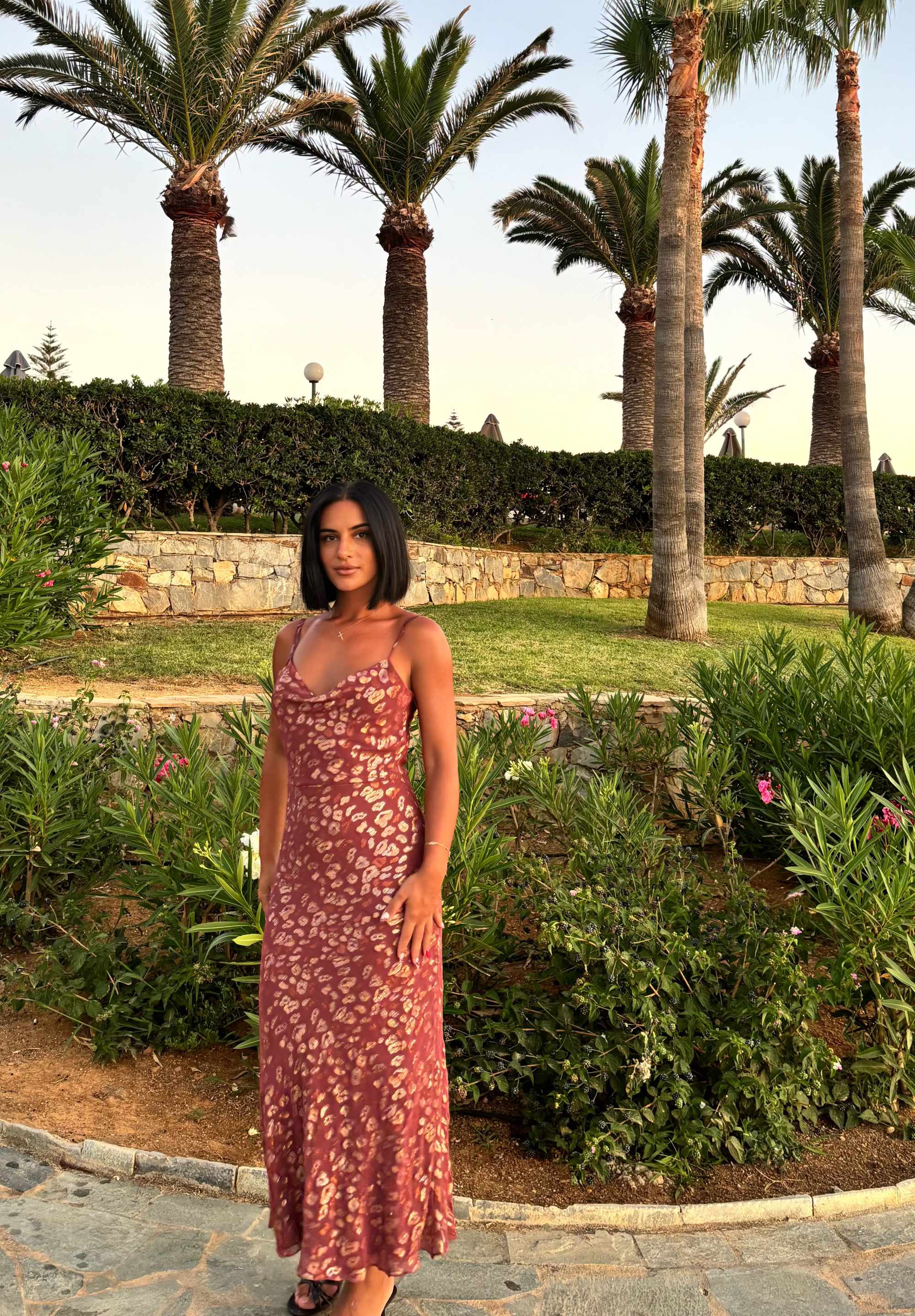 Brown Viscose Animal Jacquard Cowl Midi Dress