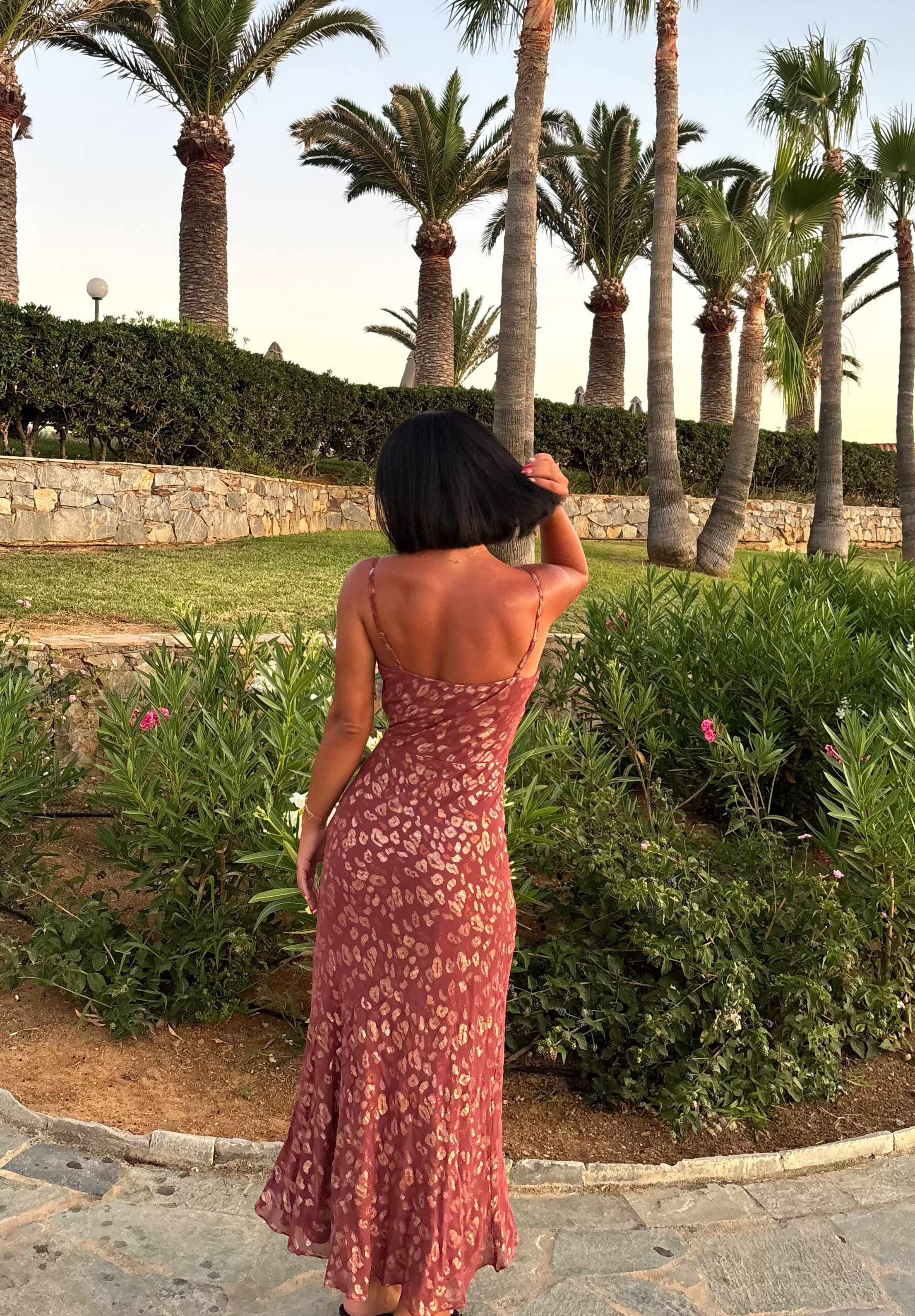 Brown Viscose Animal Jacquard Cowl Midi Dress