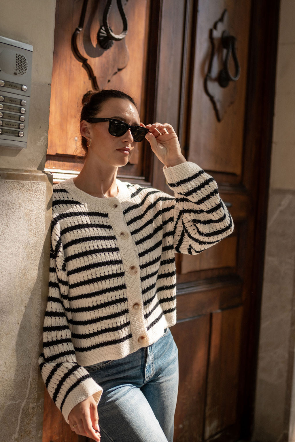 Cream Stripe Cable Knit Crop Cardigan