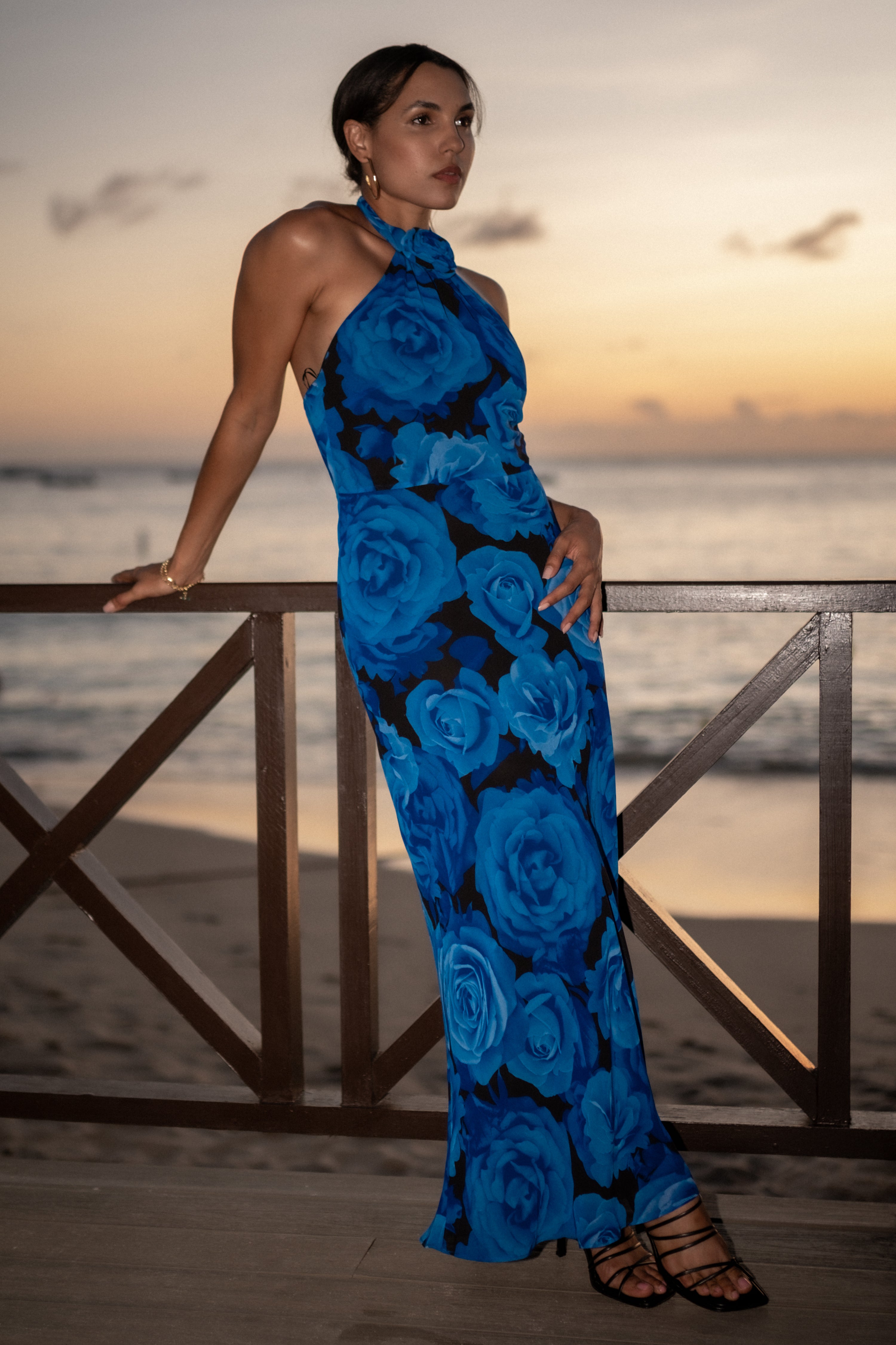 Blue Floral Occasion Halter Maxi Dress