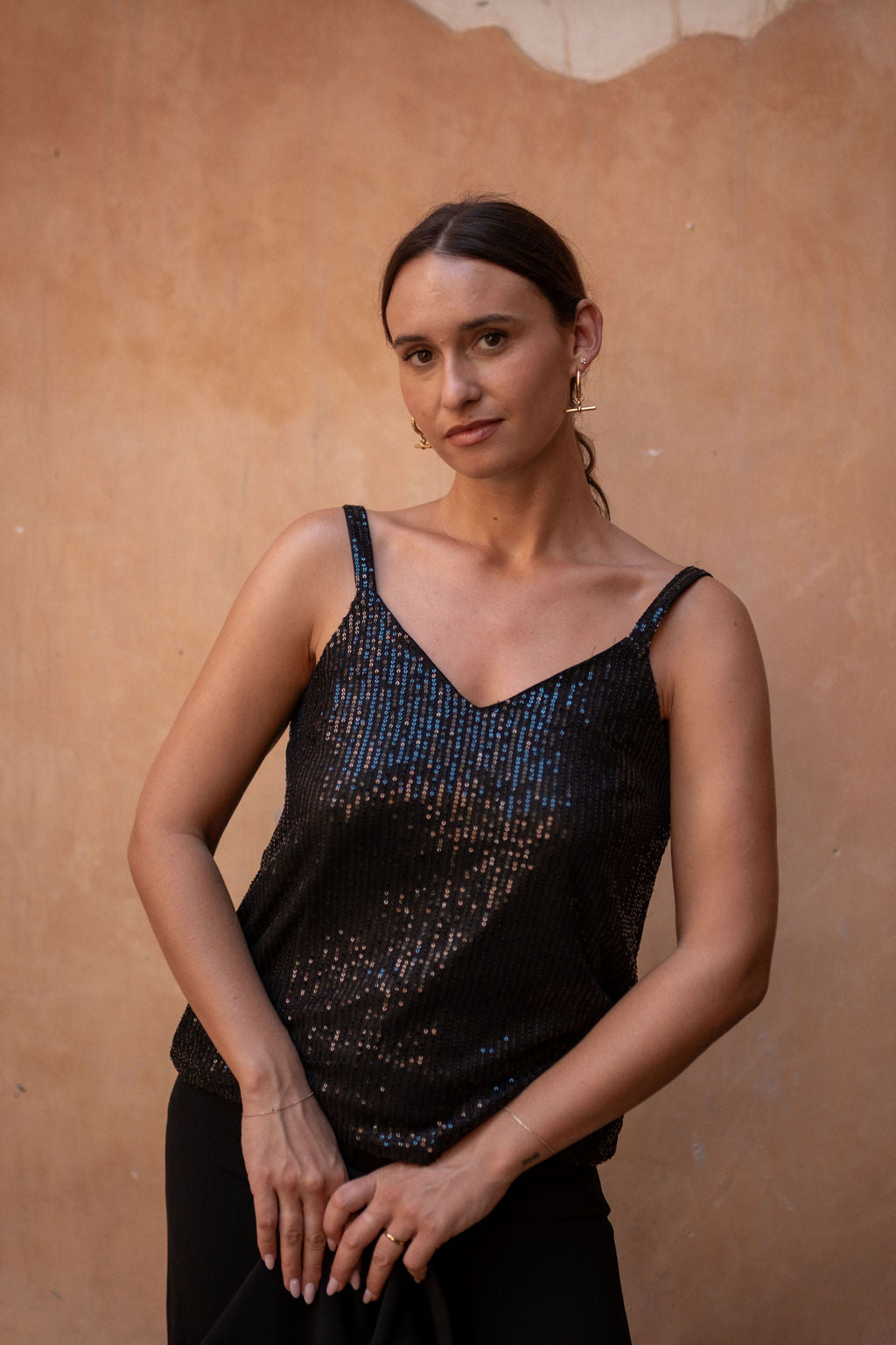 Black Sequin V Neck Cami Top