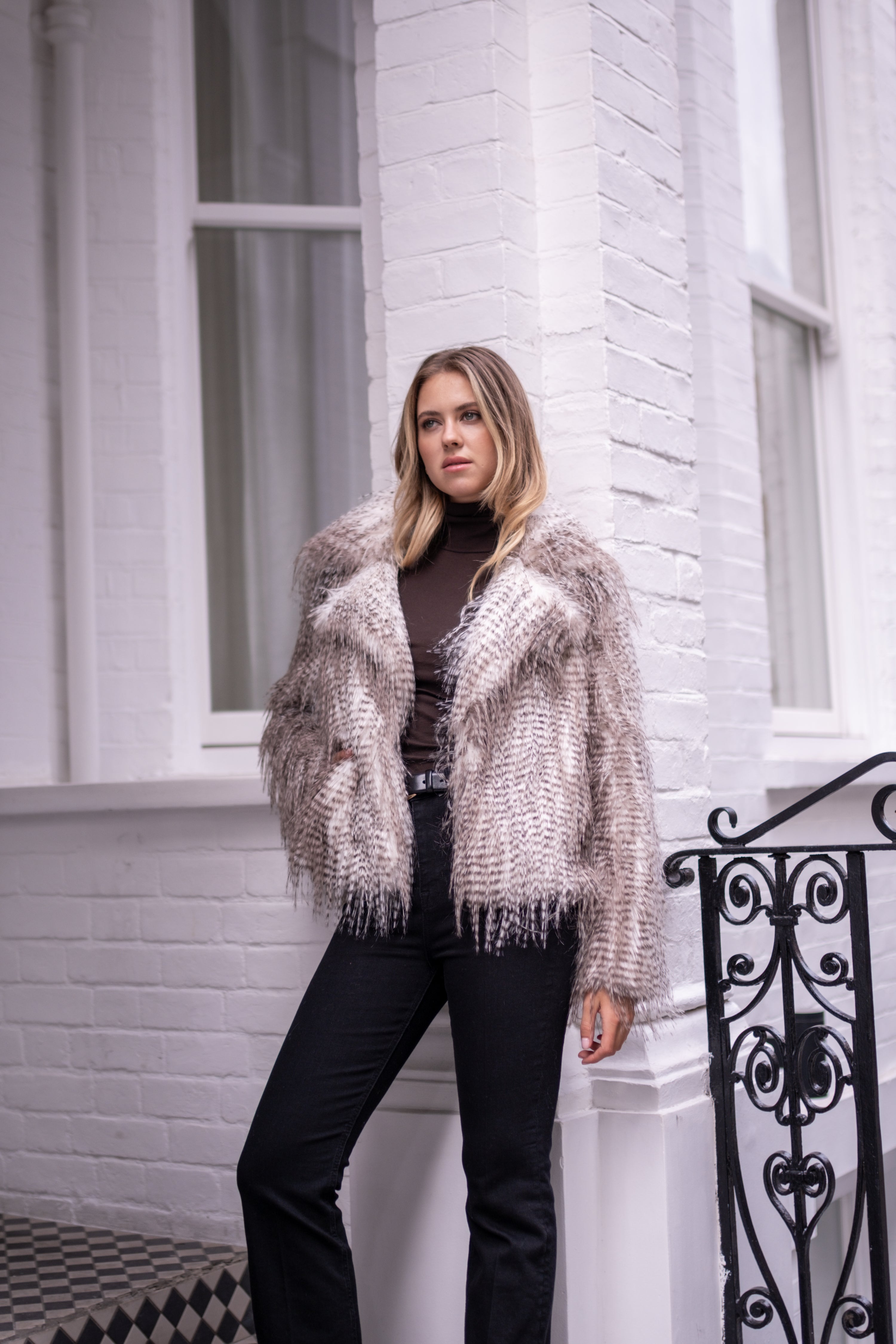 Brown Snow Leopard Faux Fur Short Jacket