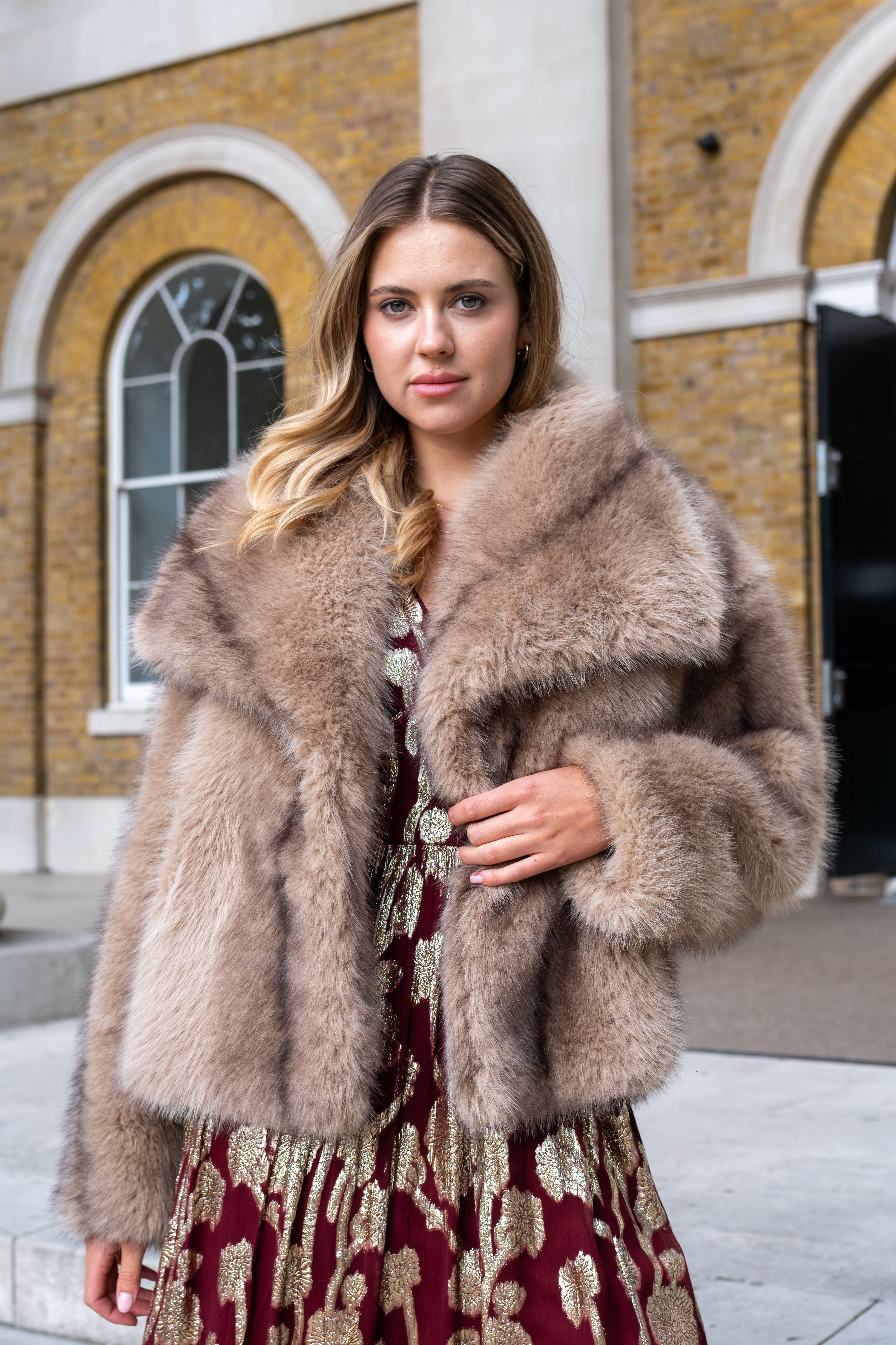 Camel Ombre Lapel Faux Fur Jacket