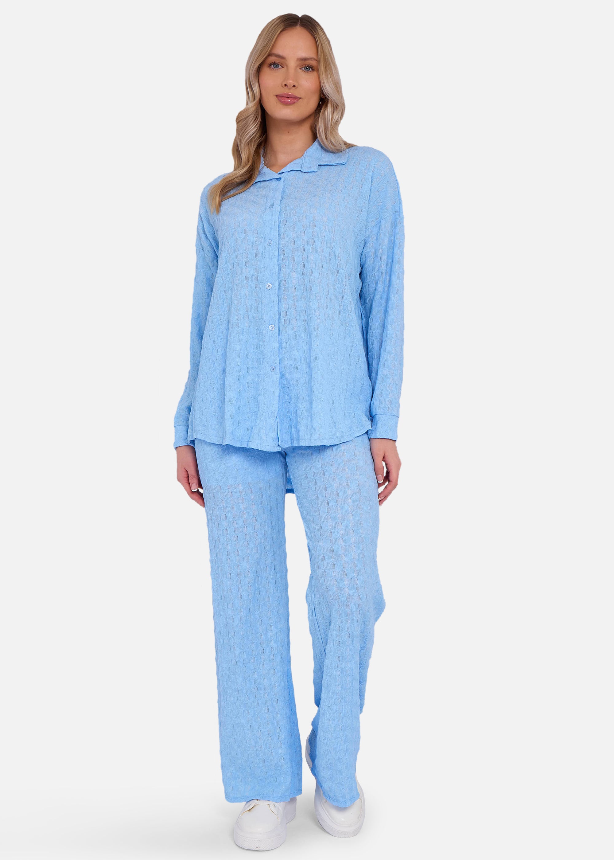 Sky Blue Textured Oversized Long Sleeves Shirt