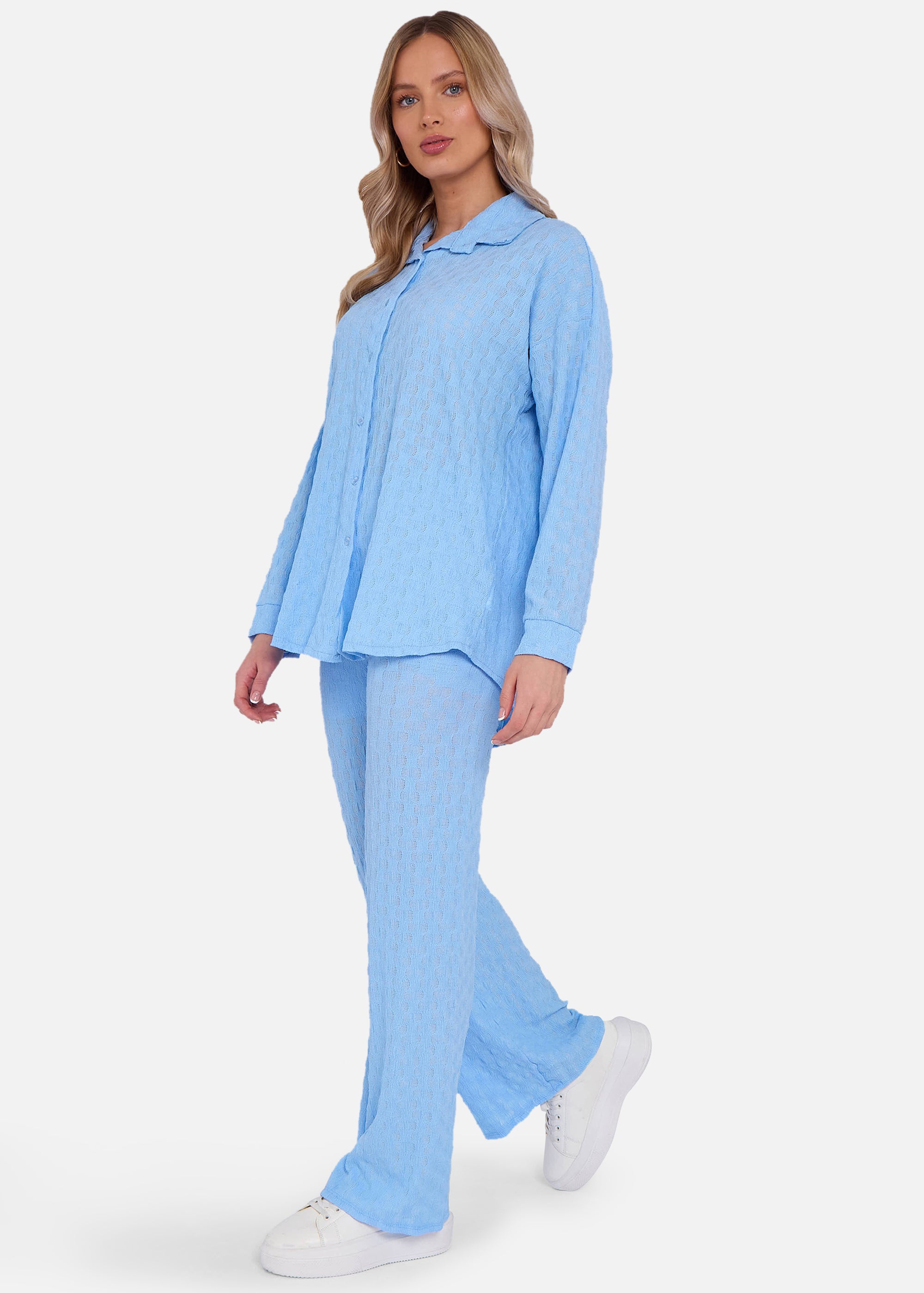 Sky Blue Textured Oversized Long Sleeves Shirt