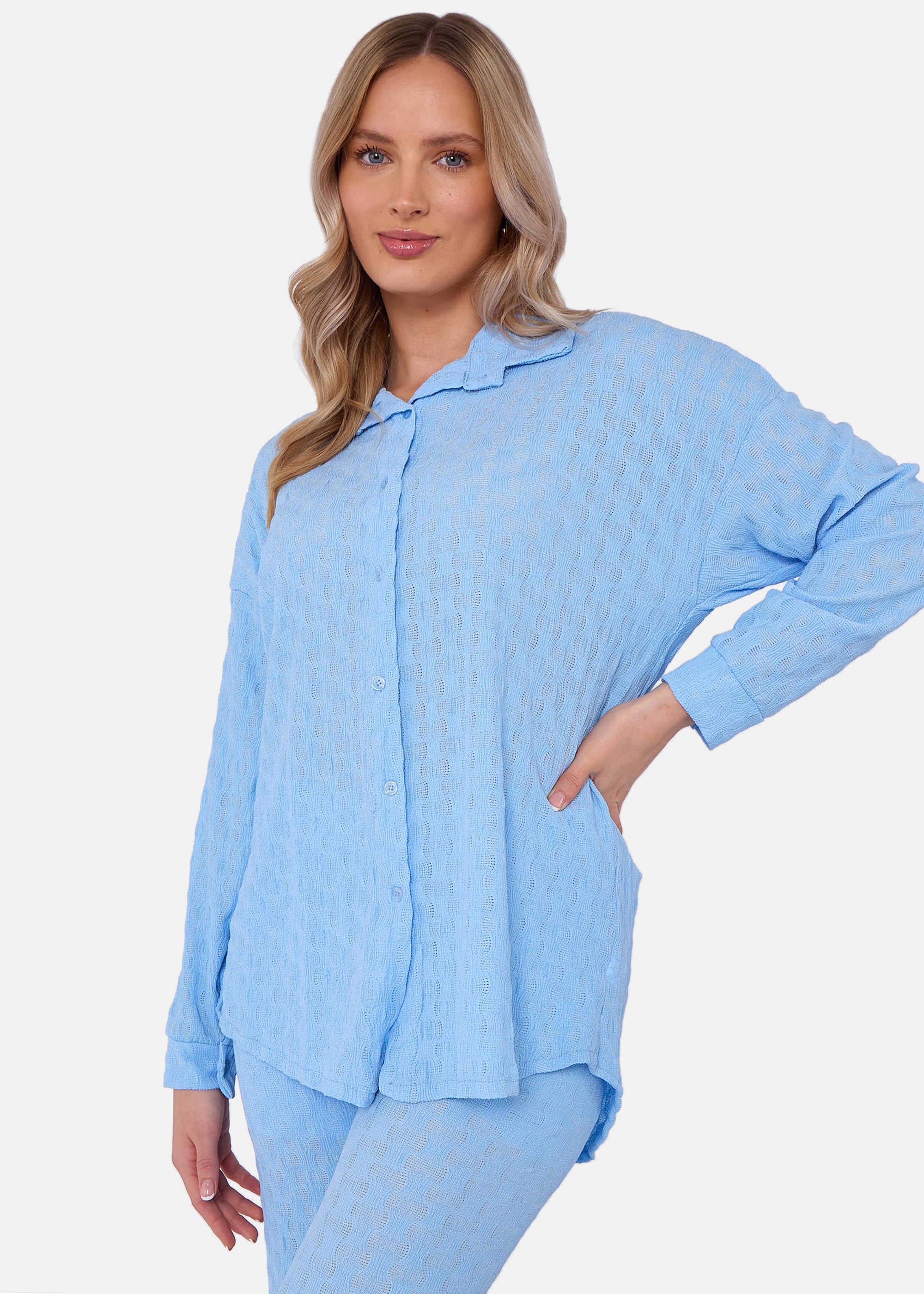 Sky Blue Textured Oversized Long Sleeves Shirt