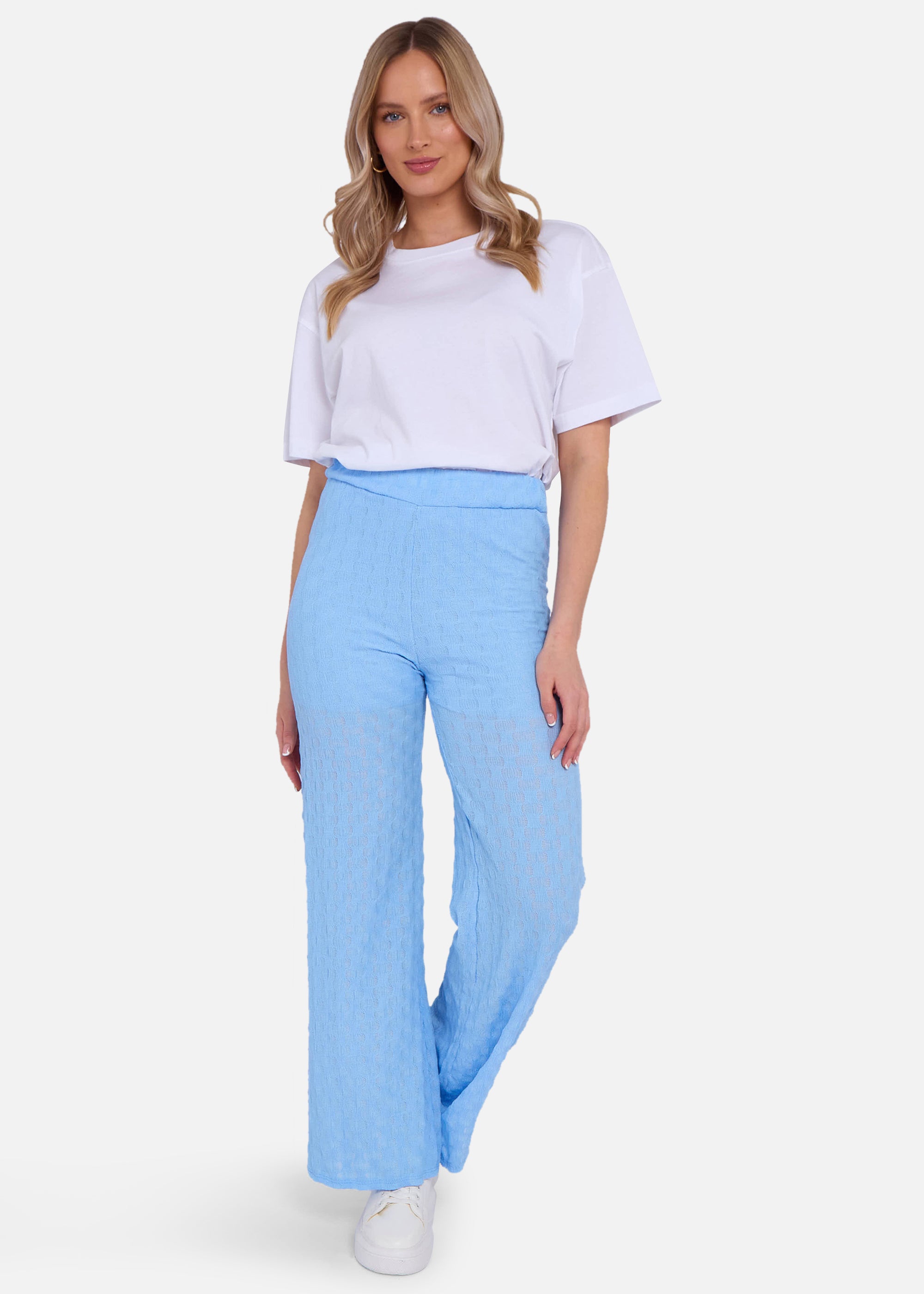 Sky Blue Textured Elasticated Waist Flared Trousers