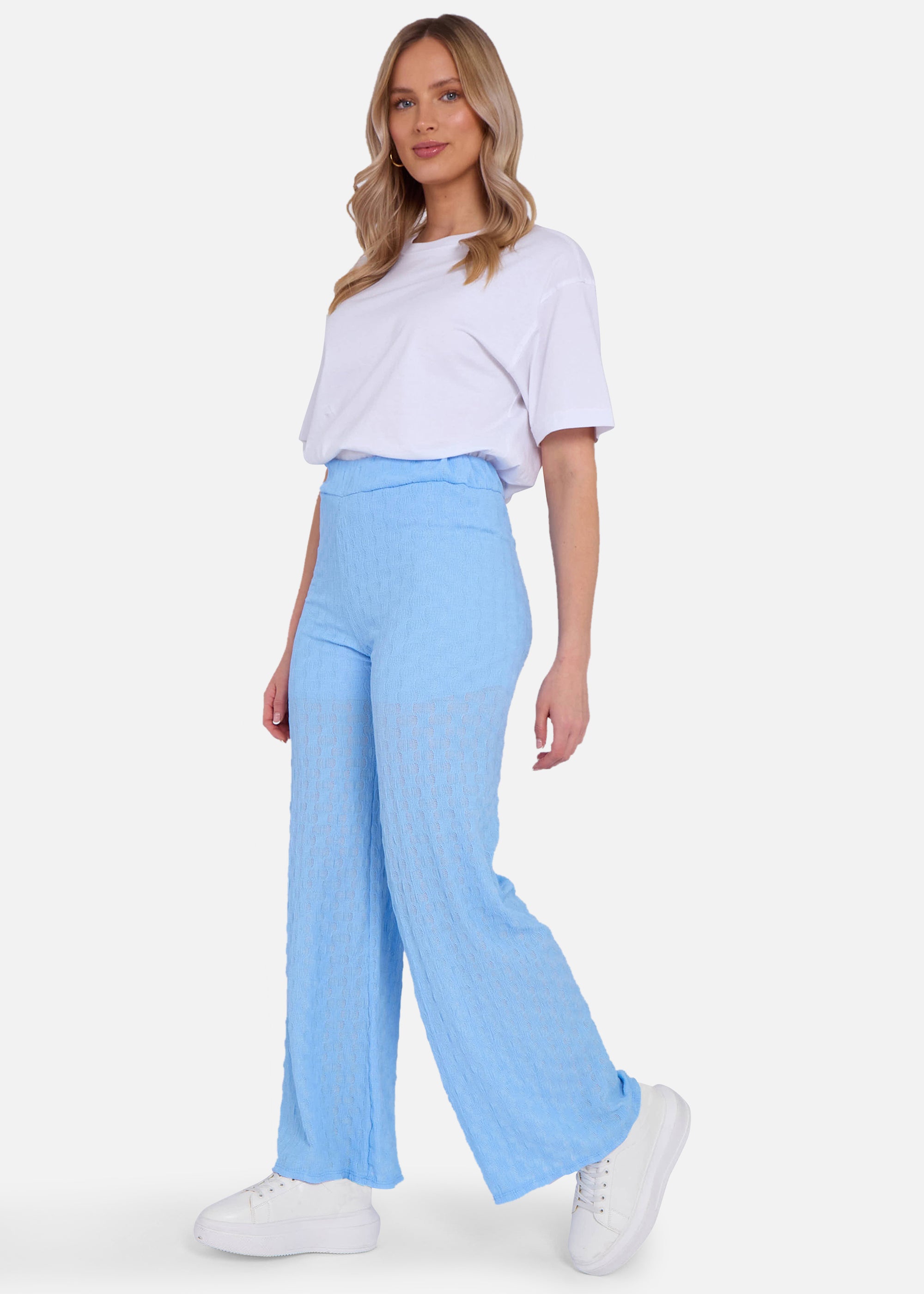 Sky Blue Textured Elasticated Waist Flared Trousers