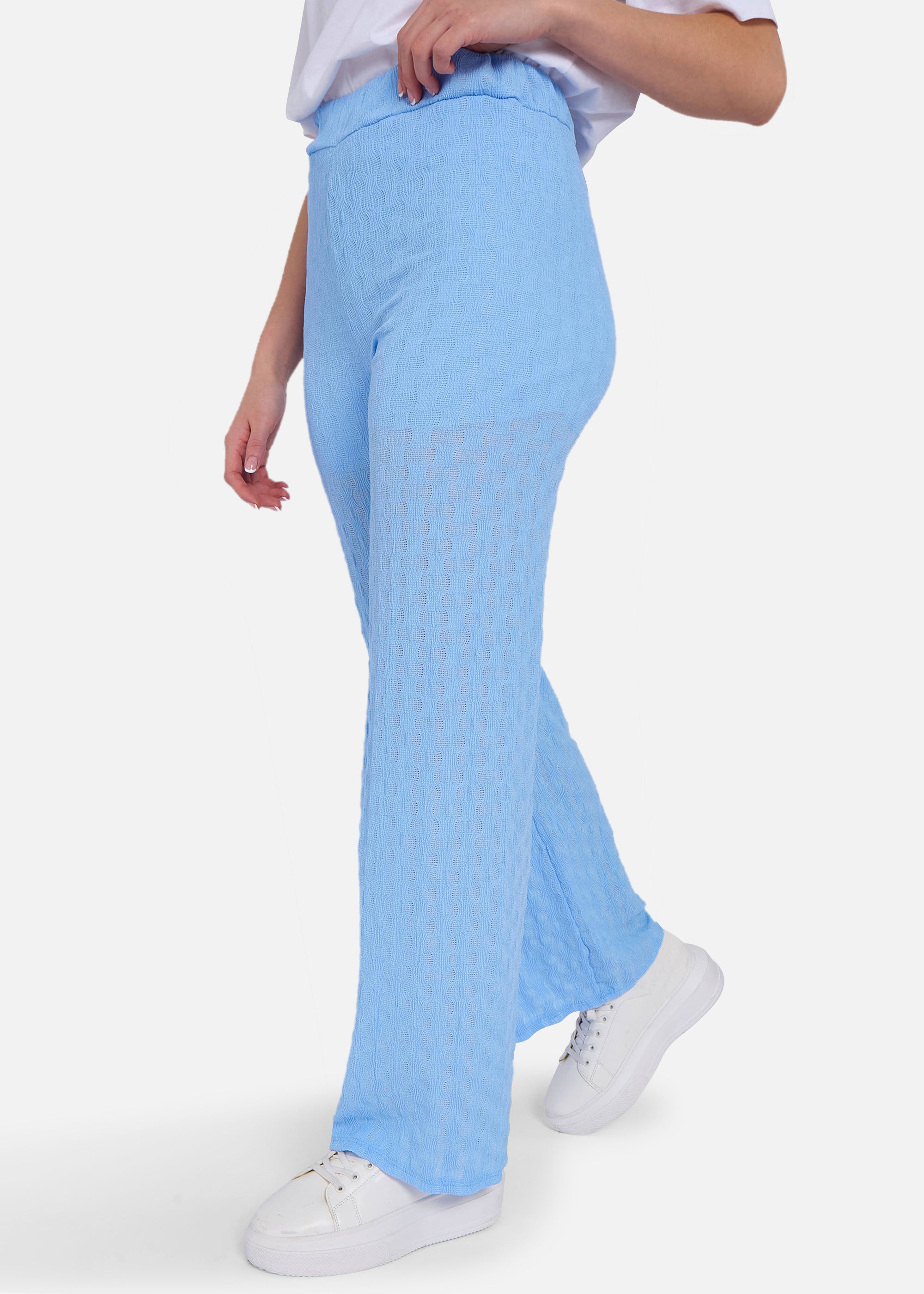 Sky Blue Textured Elasticated Waist Flared Trousers