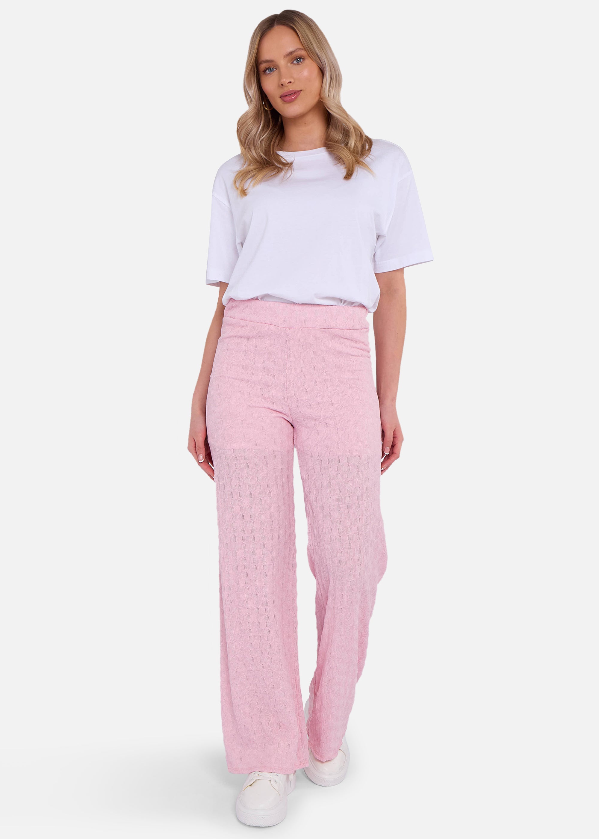 Pink Textured Elasticated Waist Flared Trousers